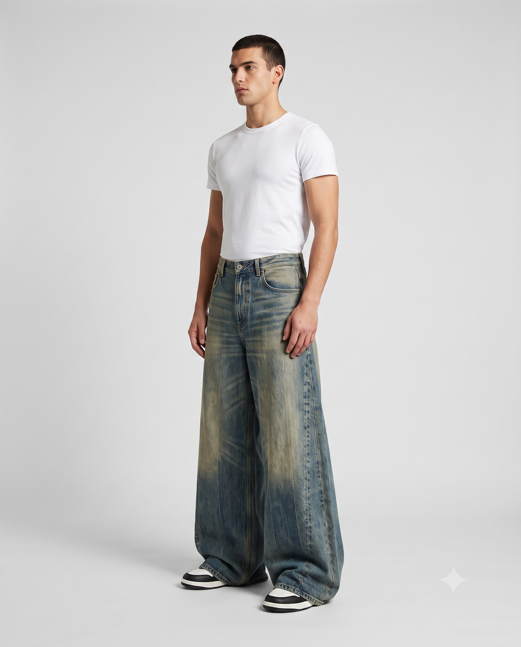 Session Baggy Jeans — Spliced Blue on model — three-quarter view