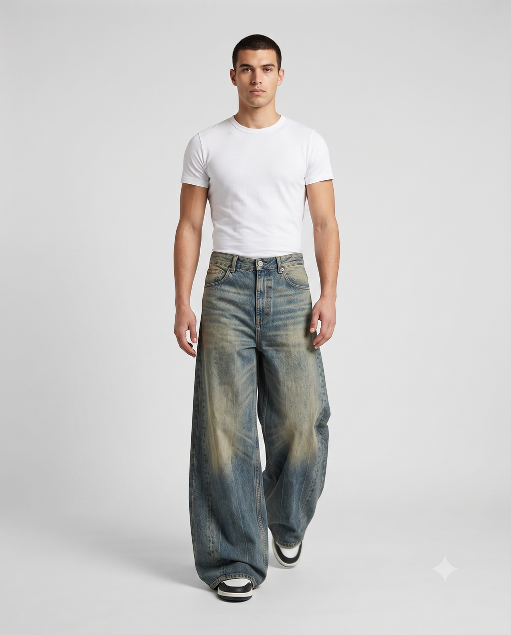 Session Baggy Jeans — Spliced Blue on model — walking, fabric in motion