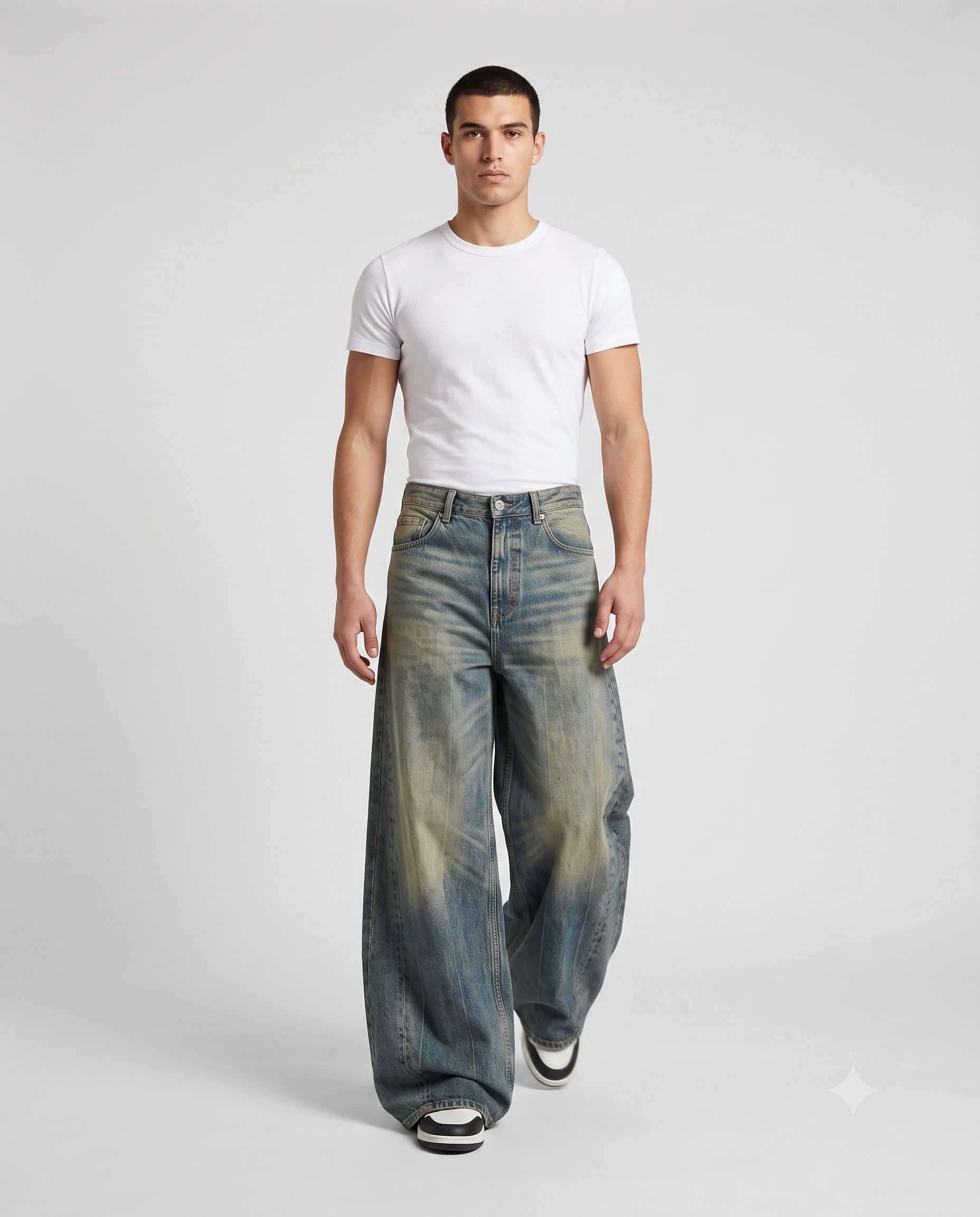 Session Baggy Jeans — Spliced Blue on model — walking, fabric in motion