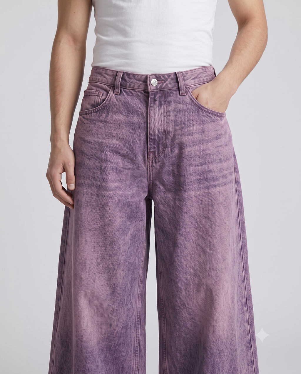 Big Easy Baggy Jeans — Washed Purple on model — waist and pocket detail