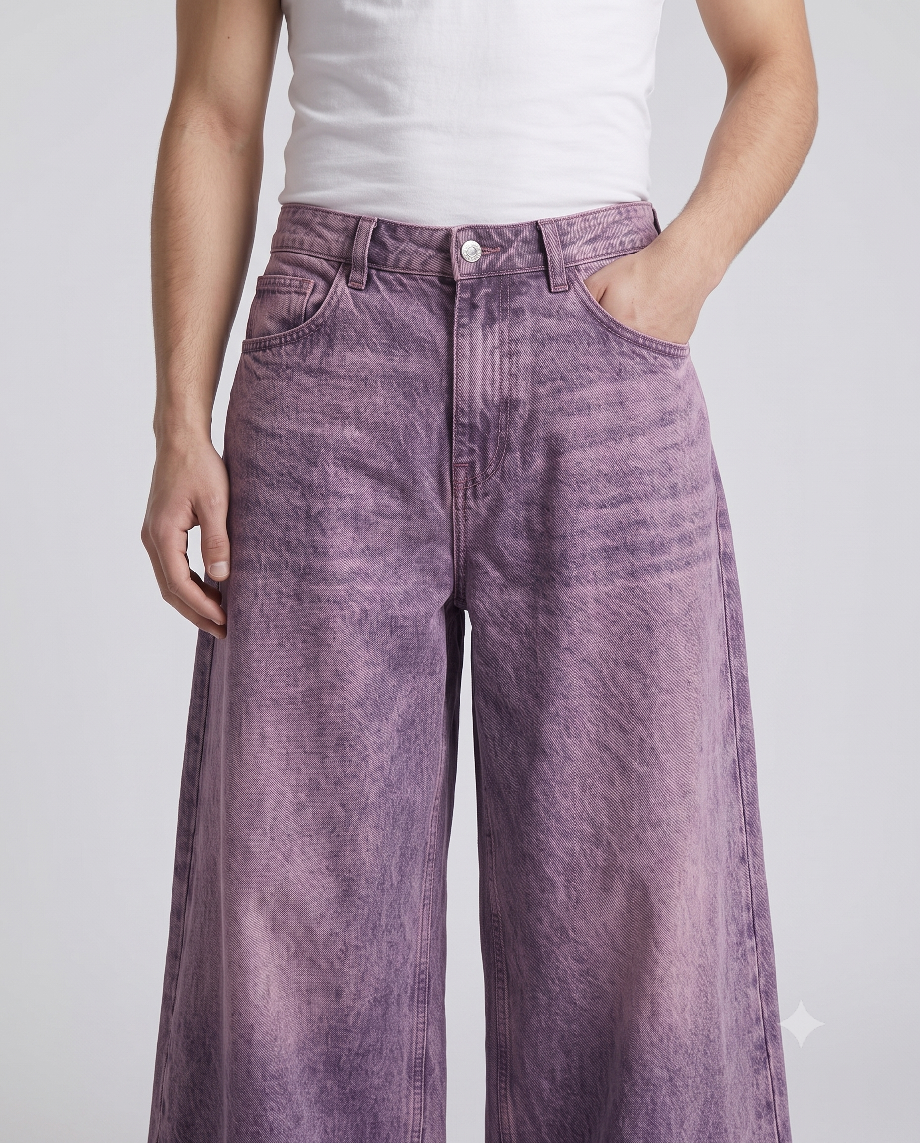 Big Easy Baggy Jeans — Washed Purple on model — waist and pocket detail