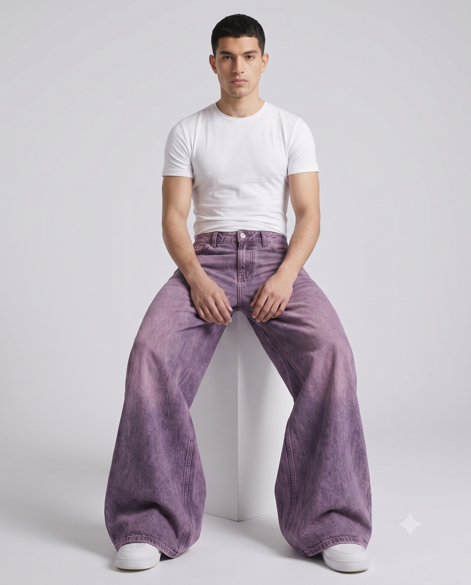 Big Easy Baggy Jeans — Washed Purple on model — seated fit view