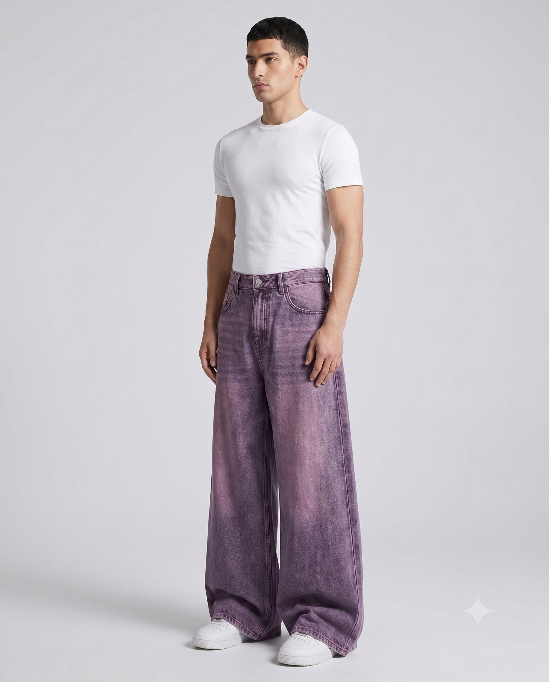 Big Easy Baggy Jeans — Washed Purple on model — three-quarter view