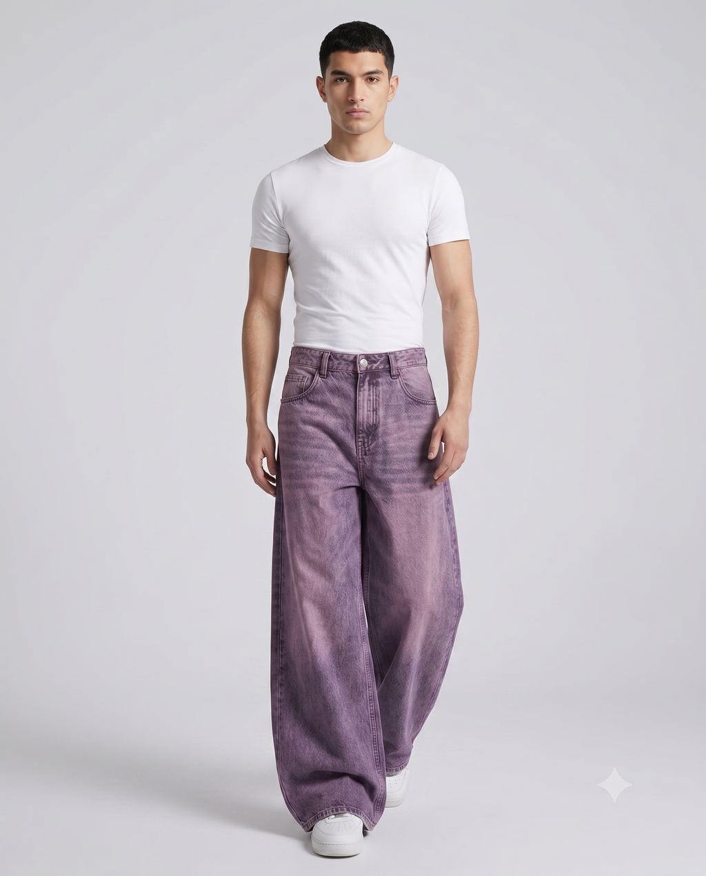 Big Easy Baggy Jeans — Washed Purple on model — walking, fabric in motion
