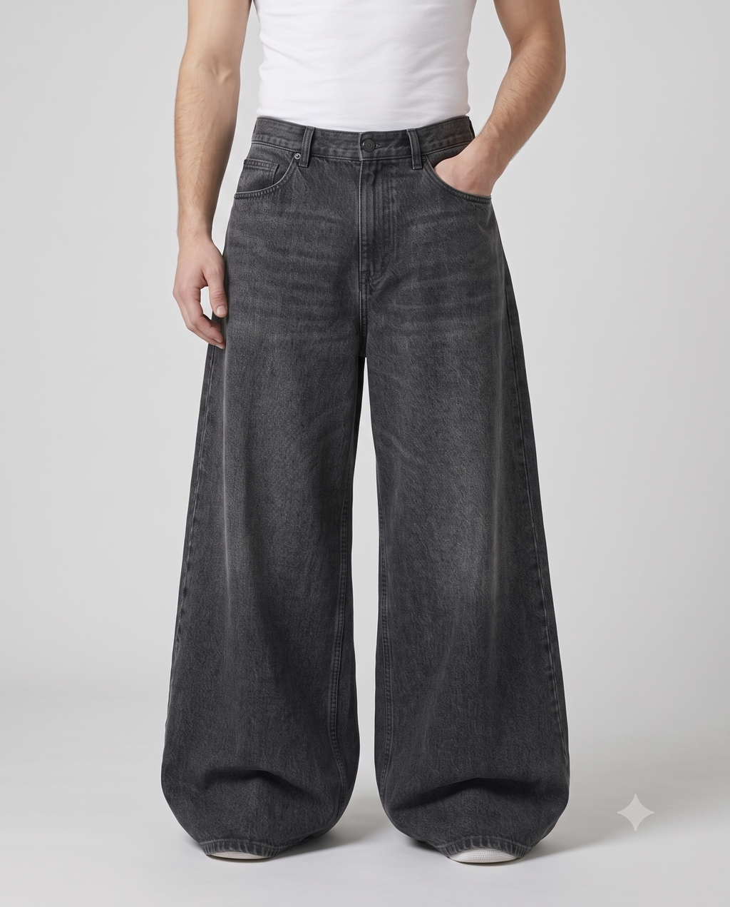Session Baggy Jeans — Shadow Black on model — waist and pocket detail