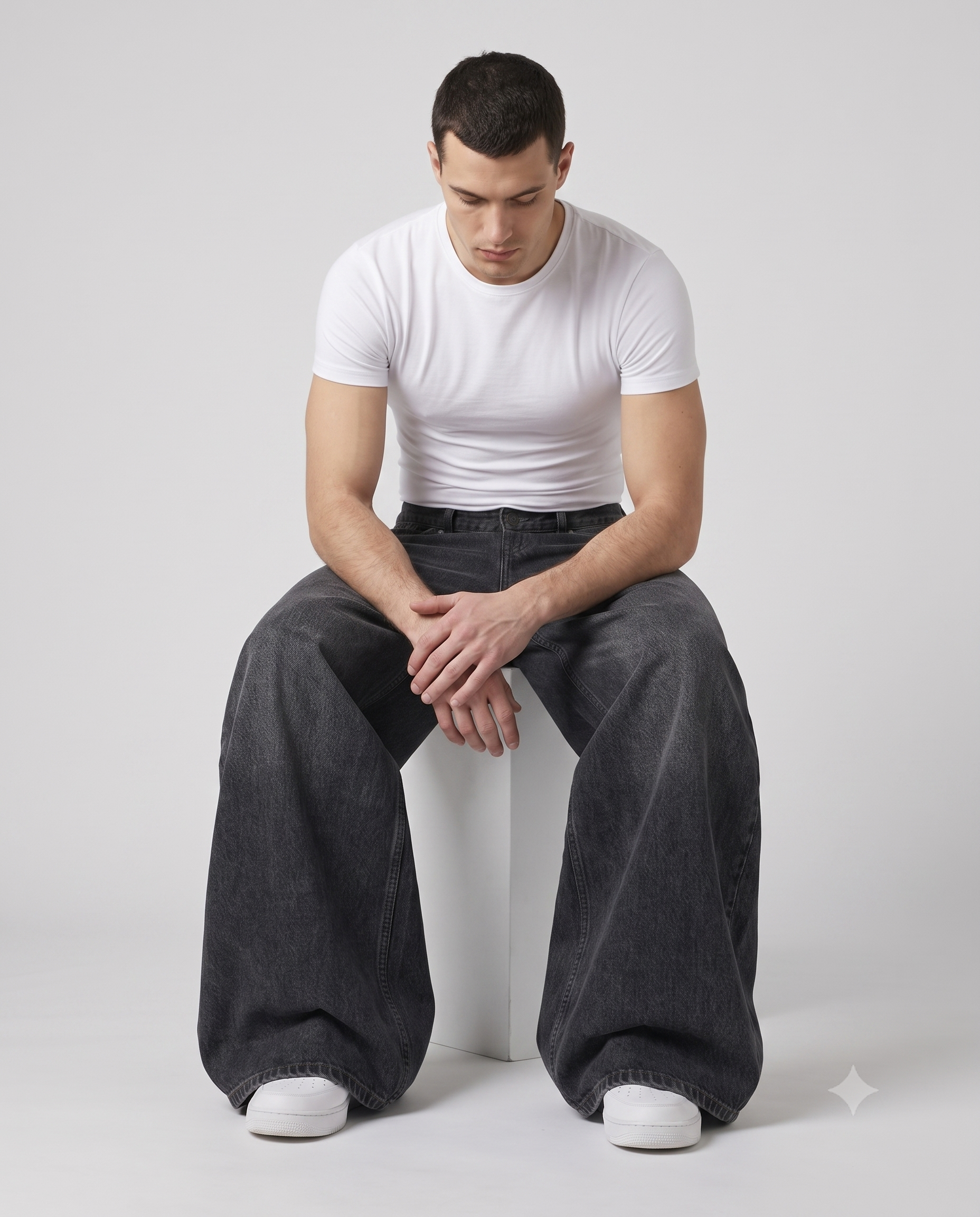 Session Baggy Jeans — Shadow Black on model — seated fit view