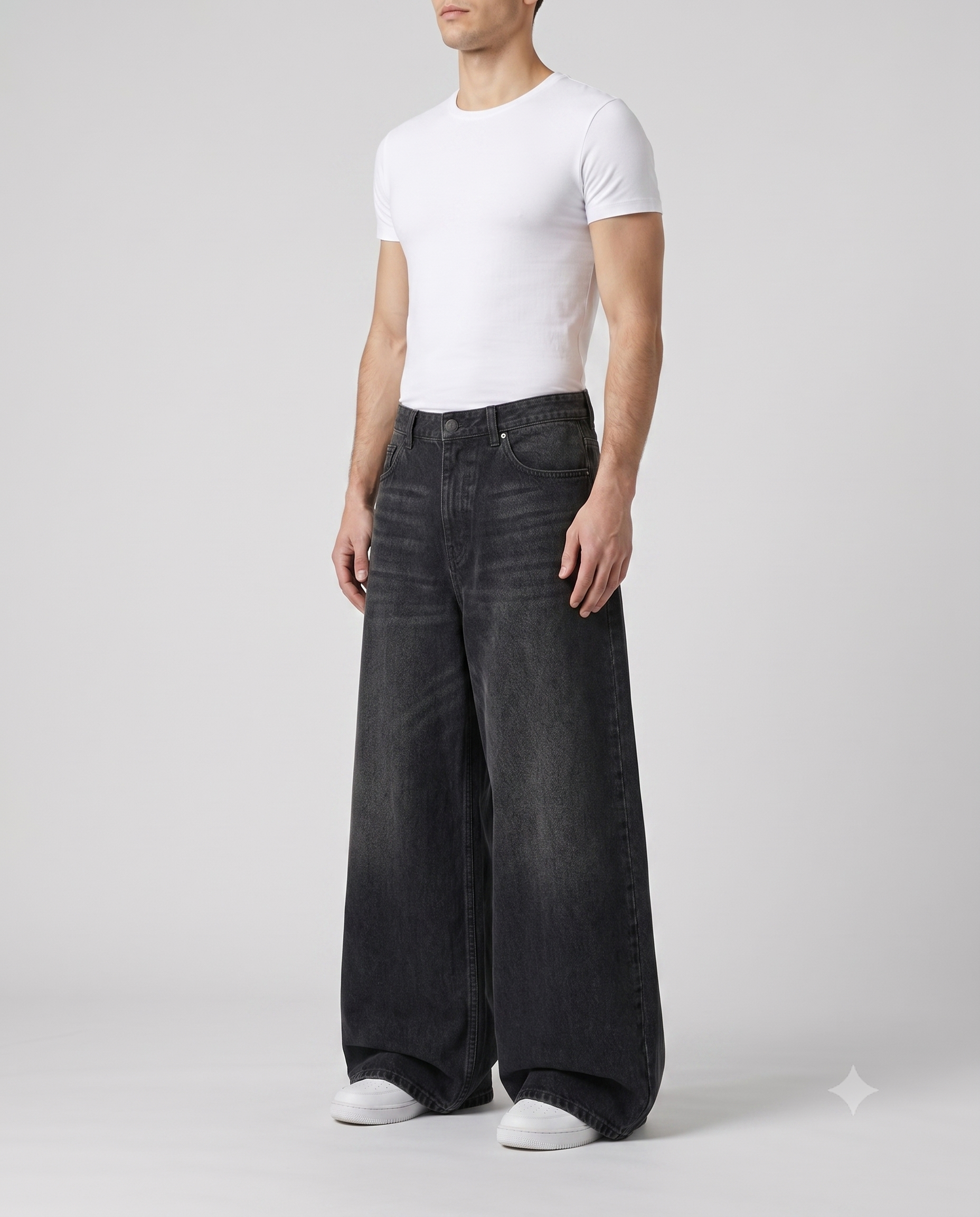 Session Baggy Jeans — Shadow Black on model — three-quarter view
