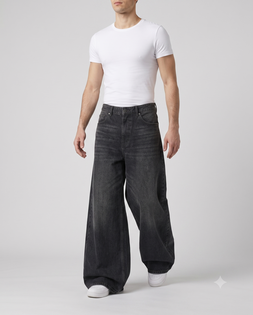 Session Baggy Jeans — Shadow Black on model — walking, fabric in motion