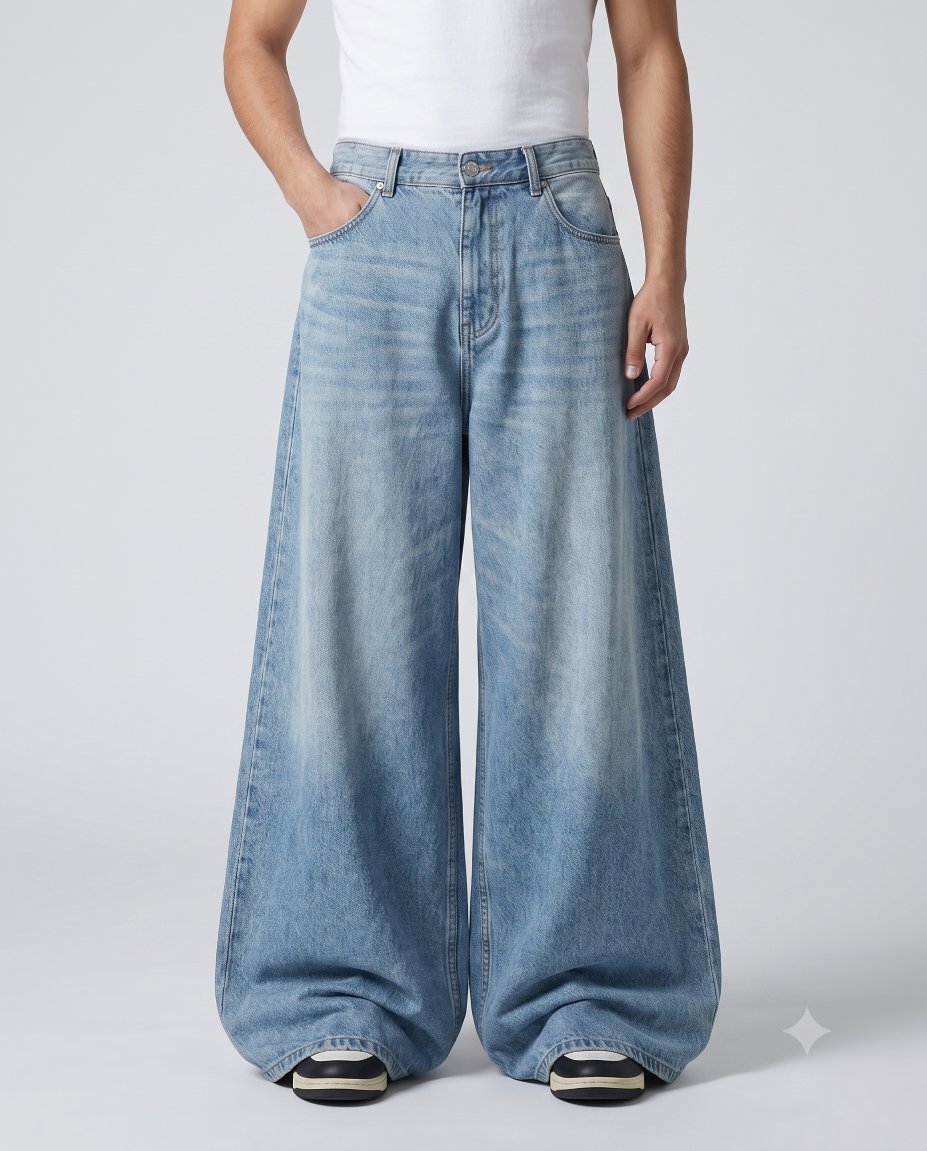 Big Easy Baggy Jeans — Light Wash on model — waist and pocket detail