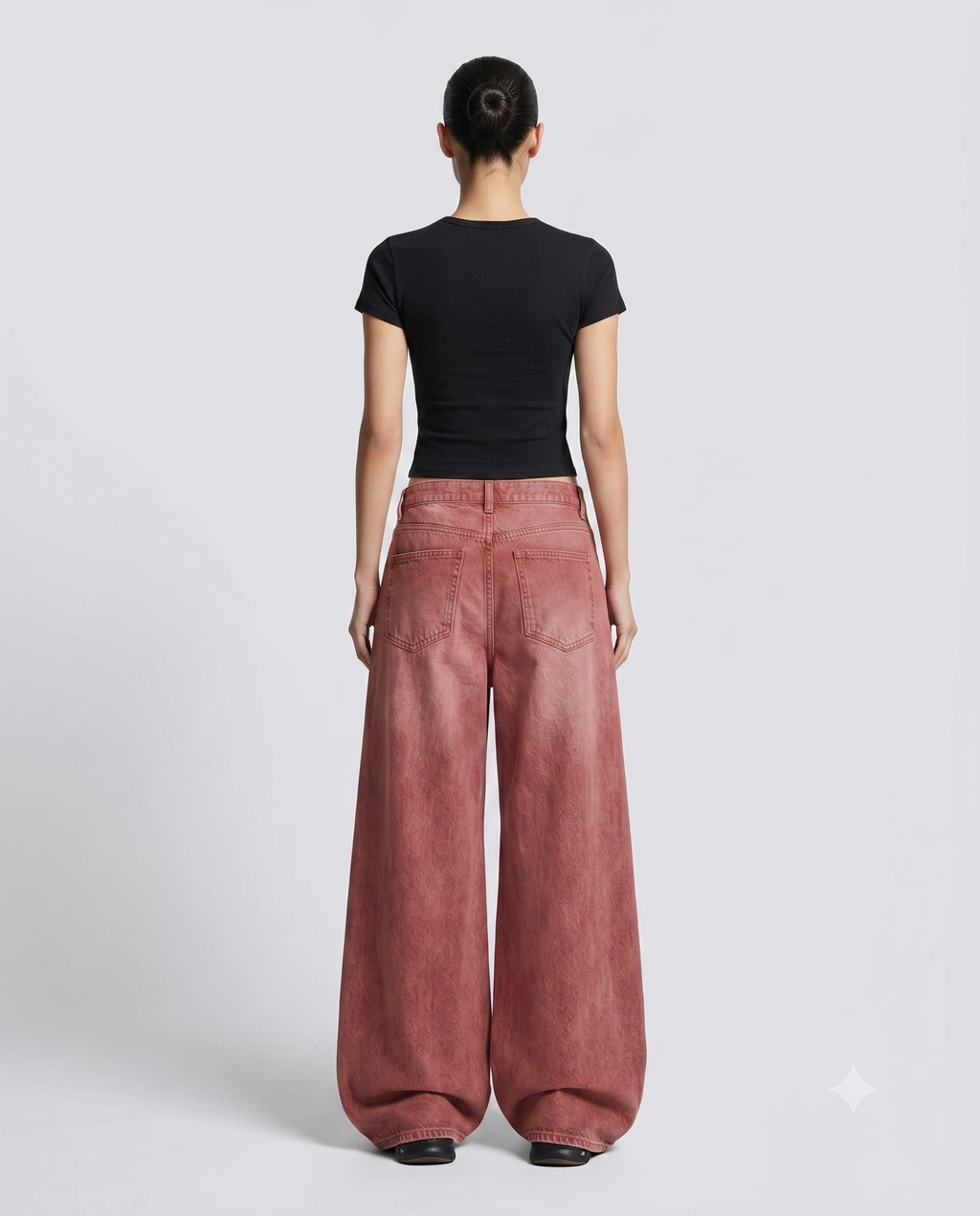 Women's Low Rise Baggy Jeans — Faded Red on model — back view