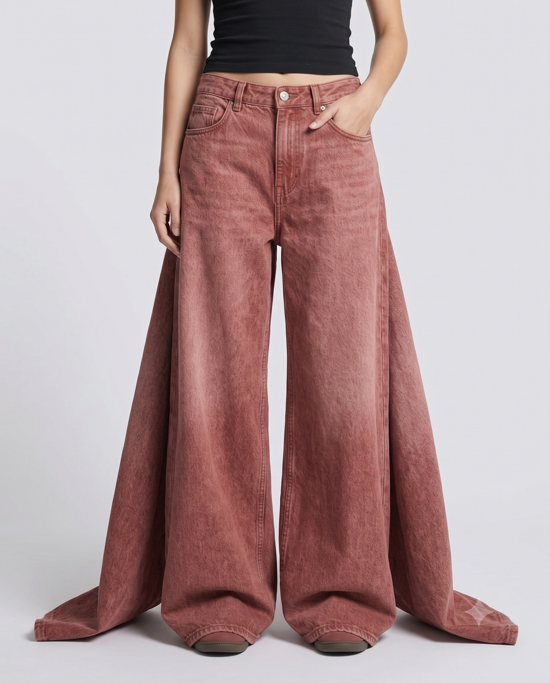 Women's Low Rise Baggy Jeans — Faded Red on model — waist and pocket detail