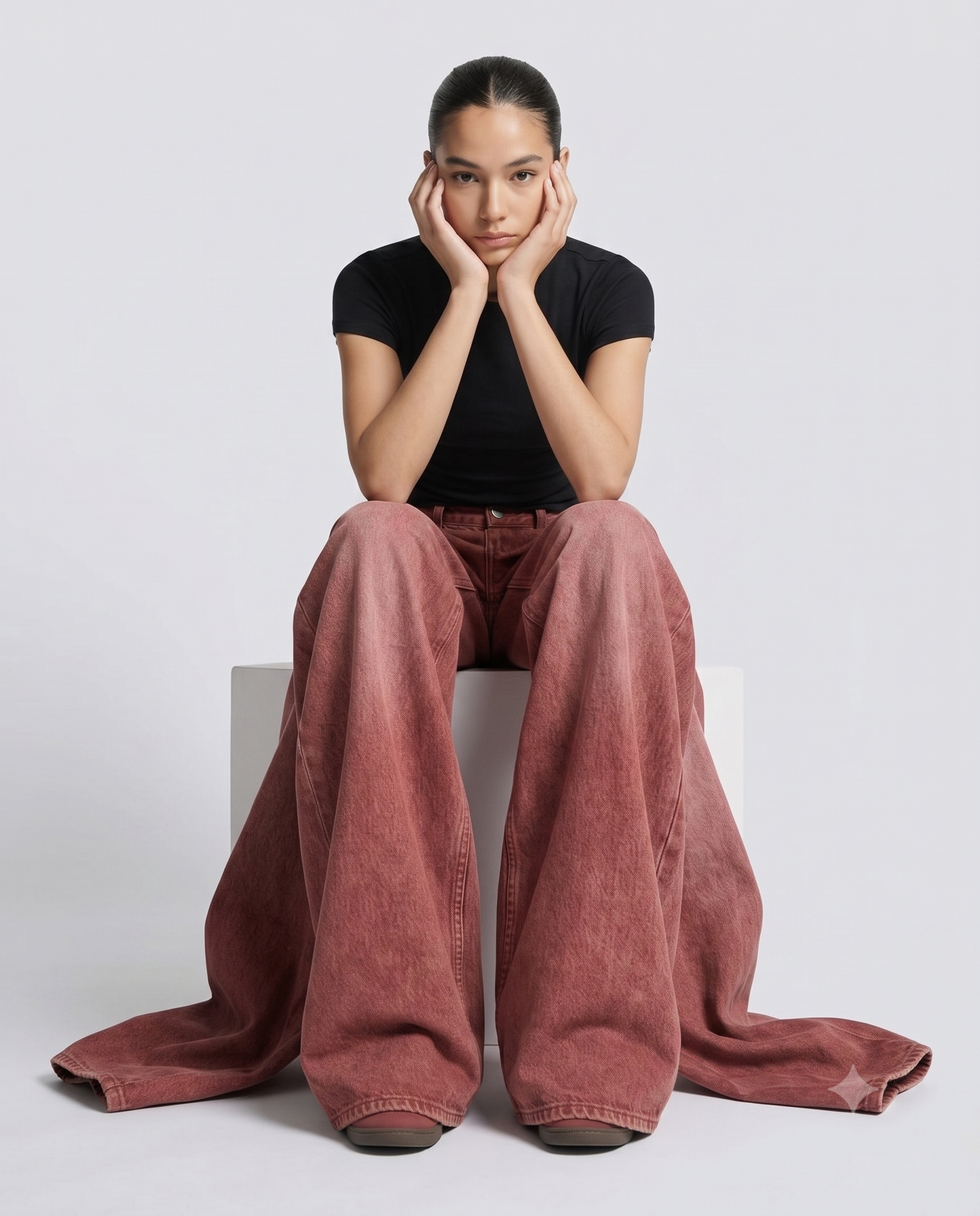 Women's Low Rise Baggy Jeans — Faded Red on model — seated fit view