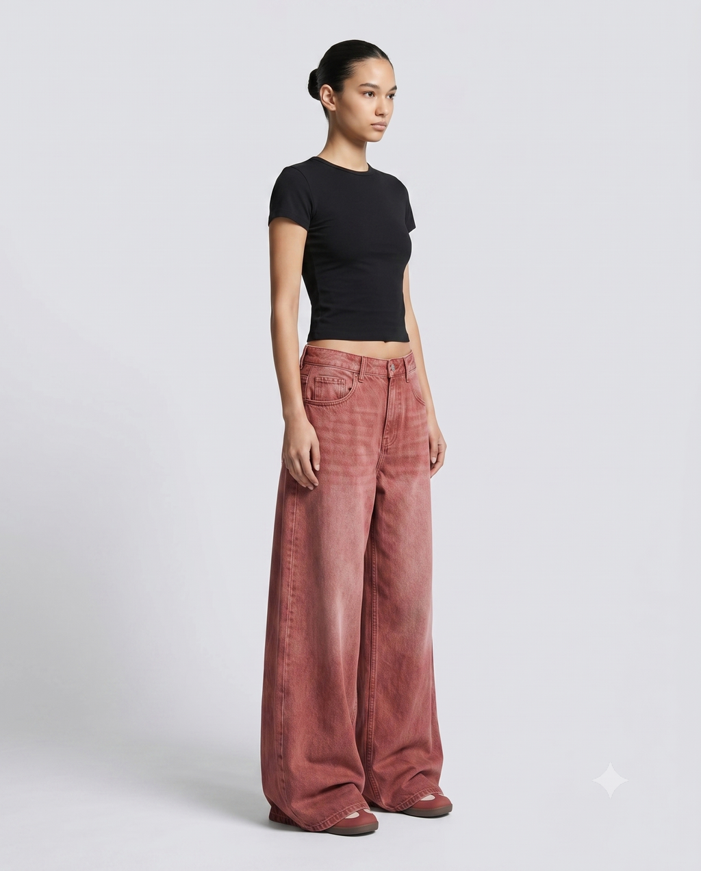 Women's Low Rise Baggy Jeans — Faded Red on model — three-quarter view