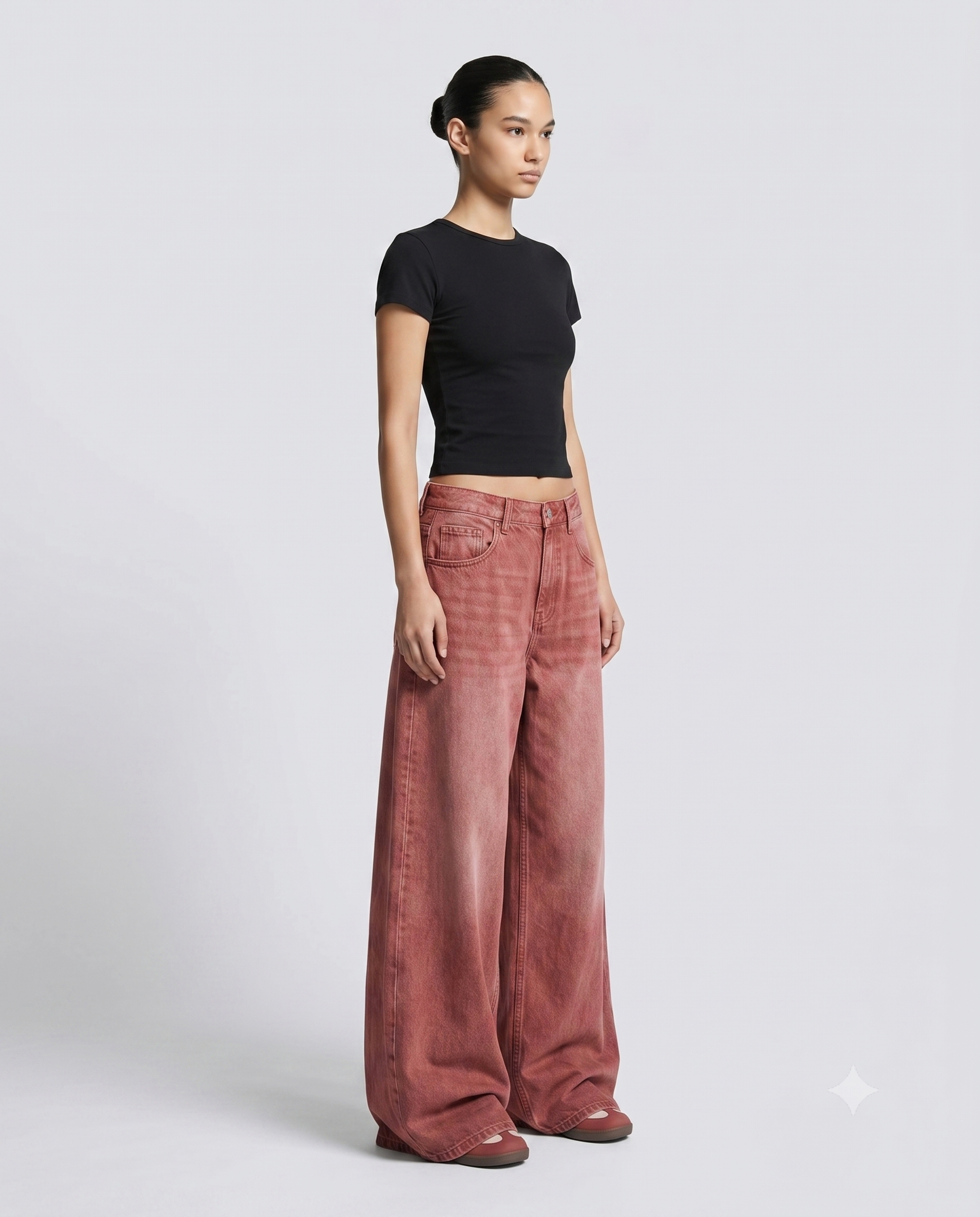 Women's Low Rise Baggy Jeans — Faded Red on model — three-quarter view