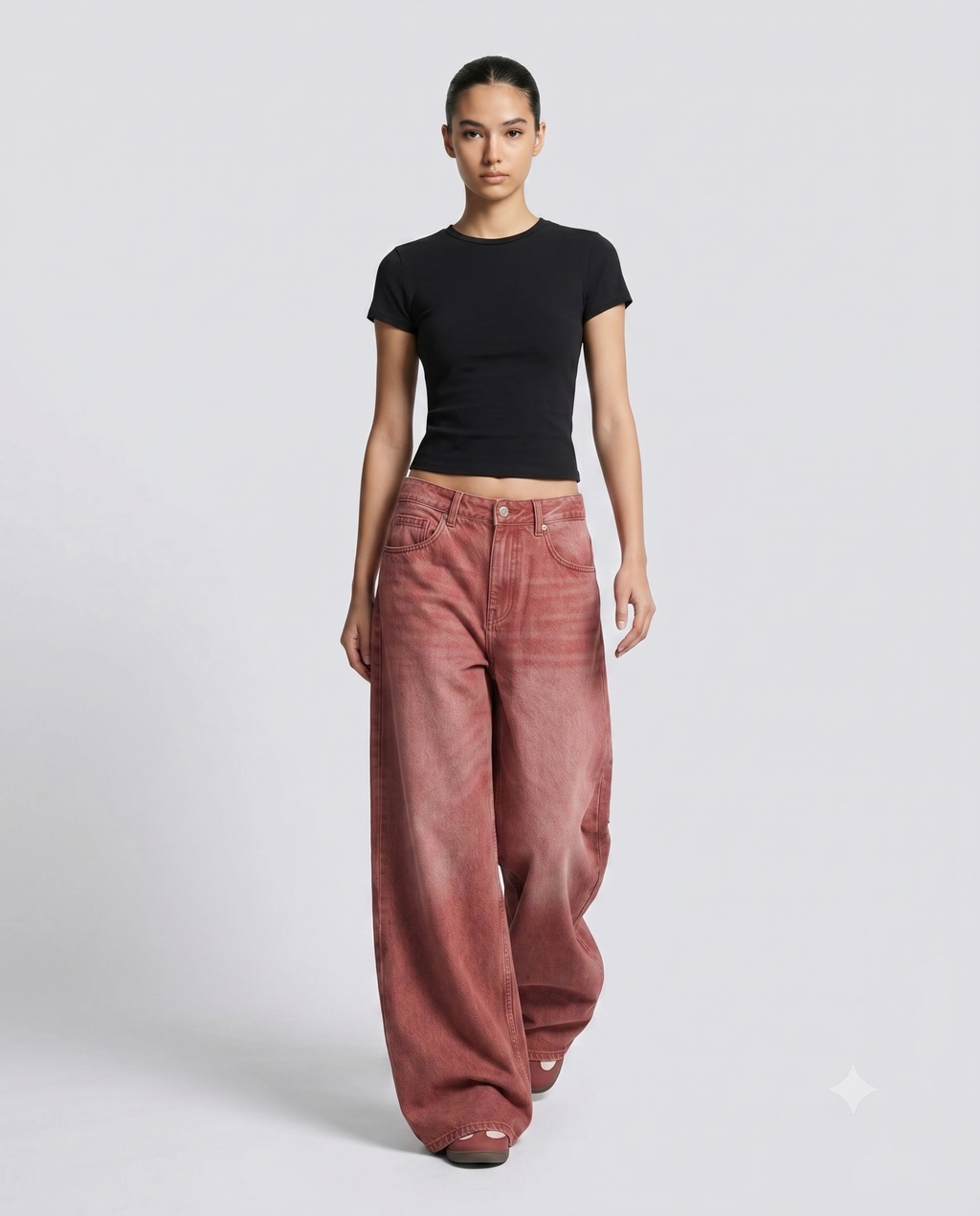 Women's Low Rise Baggy Jeans — Faded Red on model — walking, fabric in motion