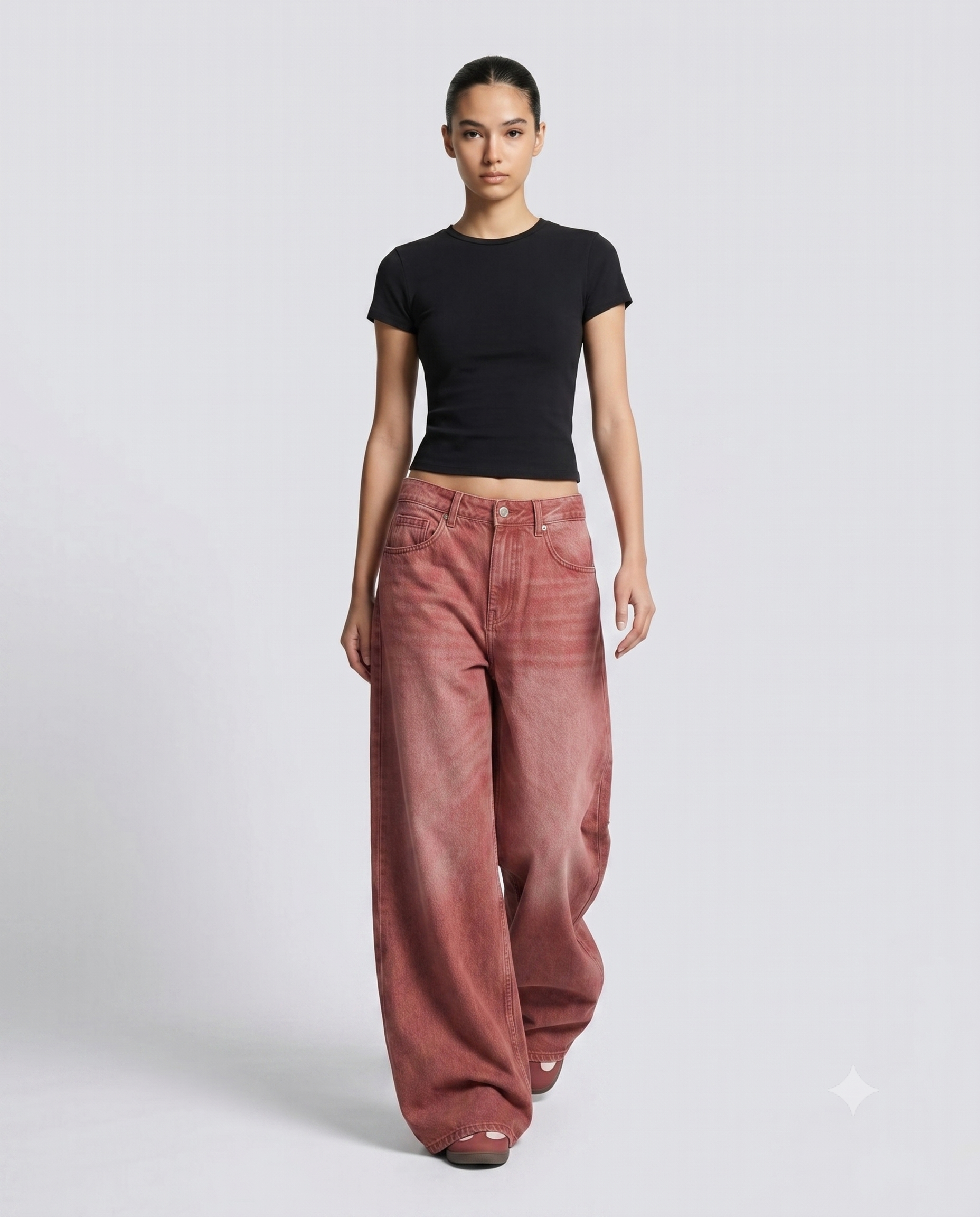 Women's Low Rise Baggy Jeans — Faded Red on model — walking, fabric in motion