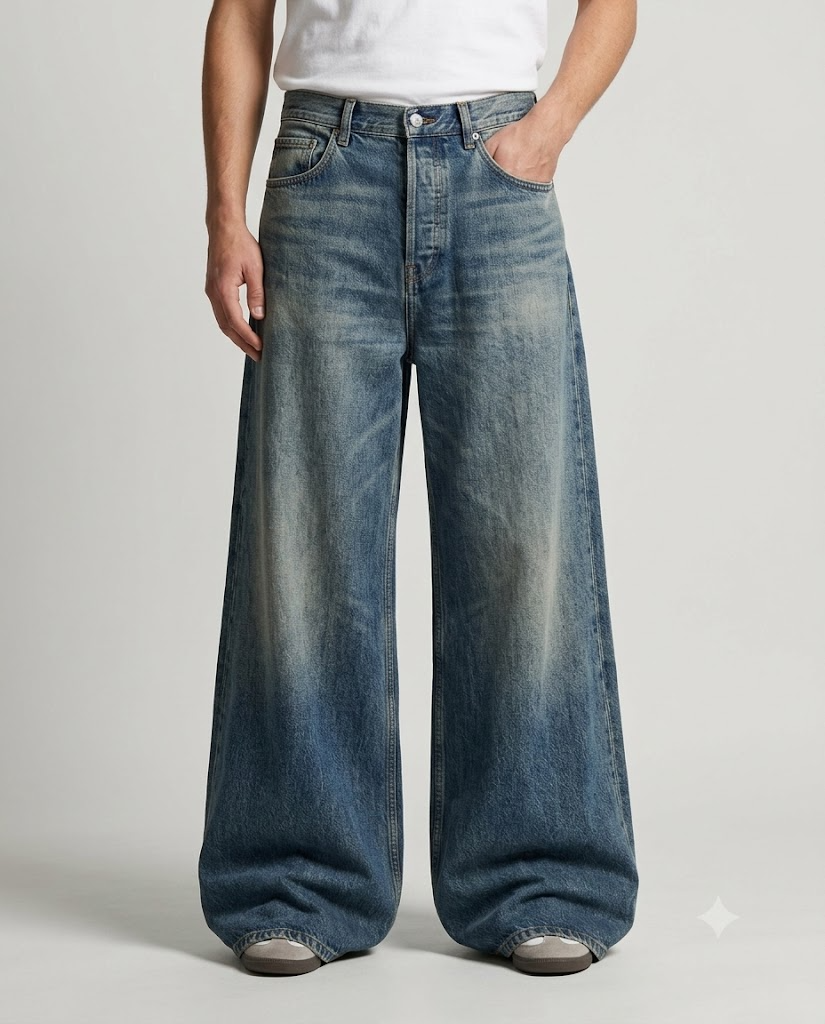 Big Easy Baggy Jeans — Faded Indigo on model — waist and pocket detail