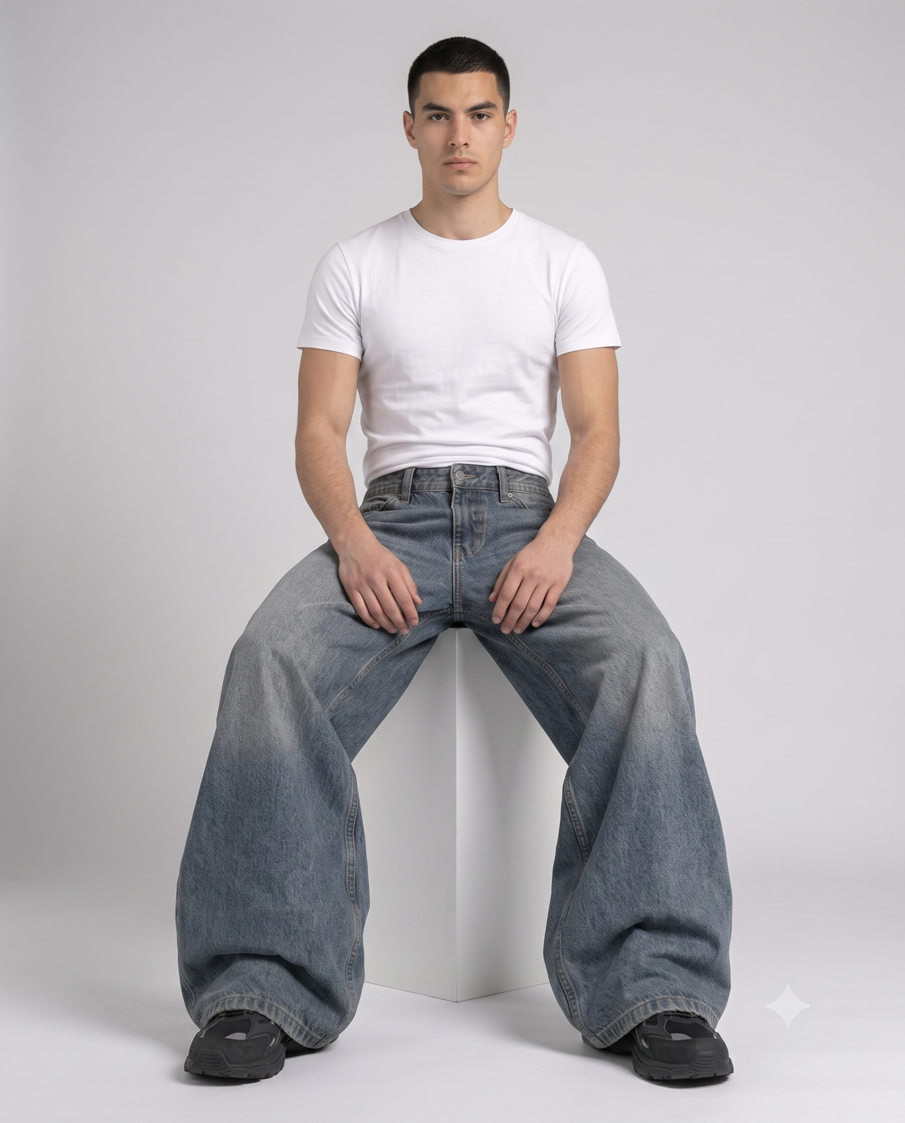 Big Easy Baggy Jeans — Faded Indigo on model — seated fit view