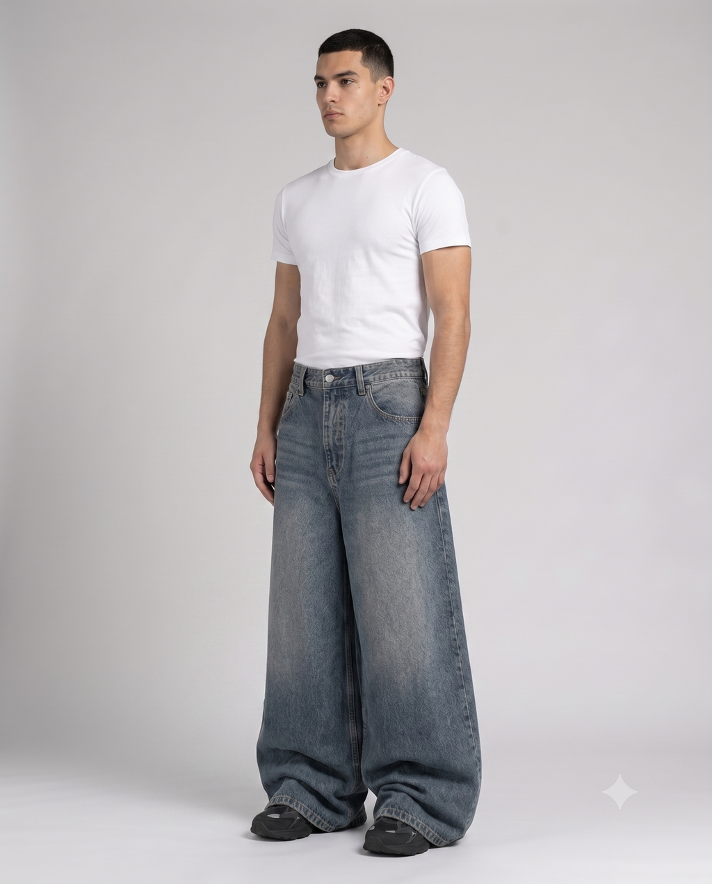 Big Easy Baggy Jeans — Faded Indigo on model — three-quarter view