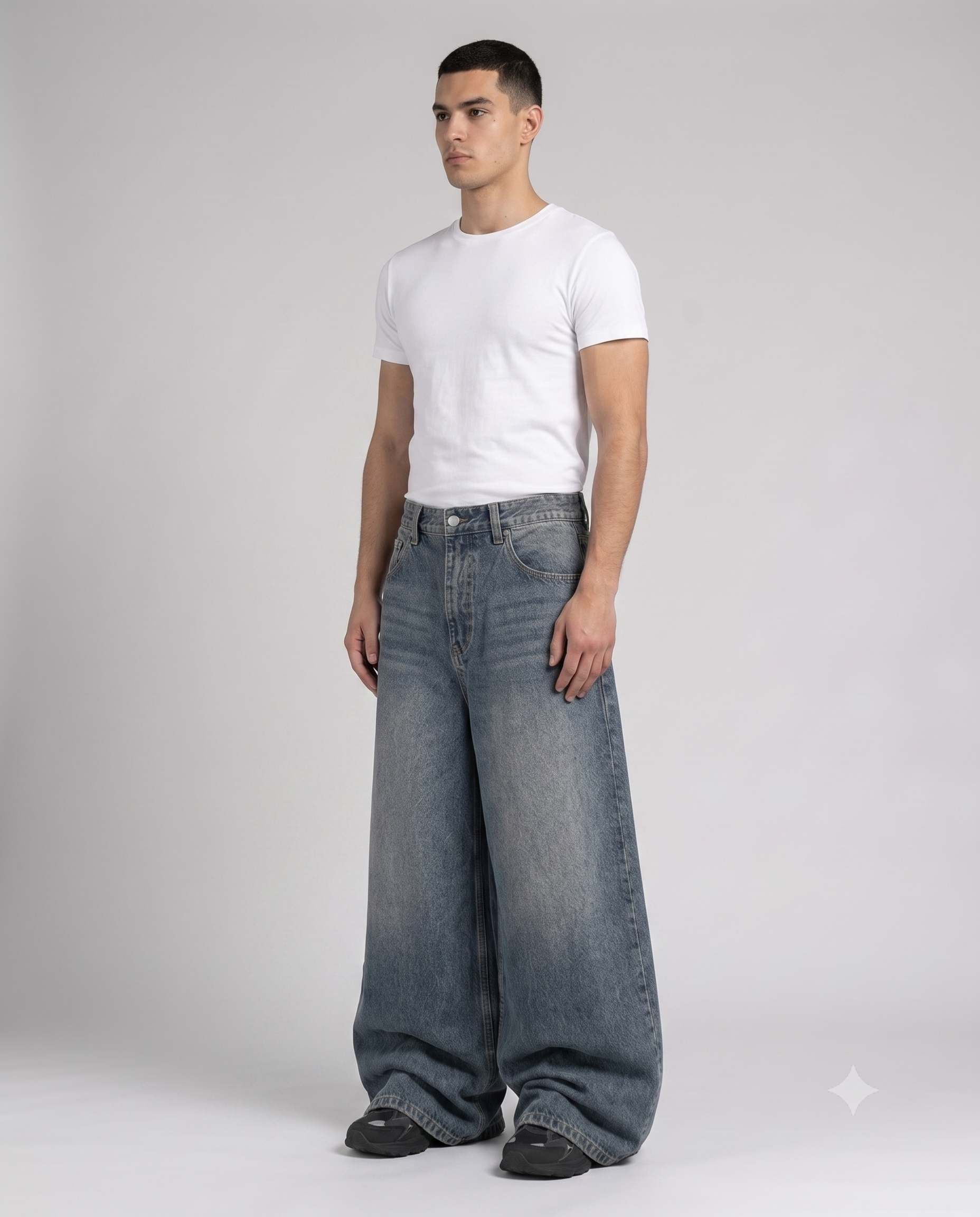 Big Easy Baggy Jeans — Faded Indigo on model — three-quarter view