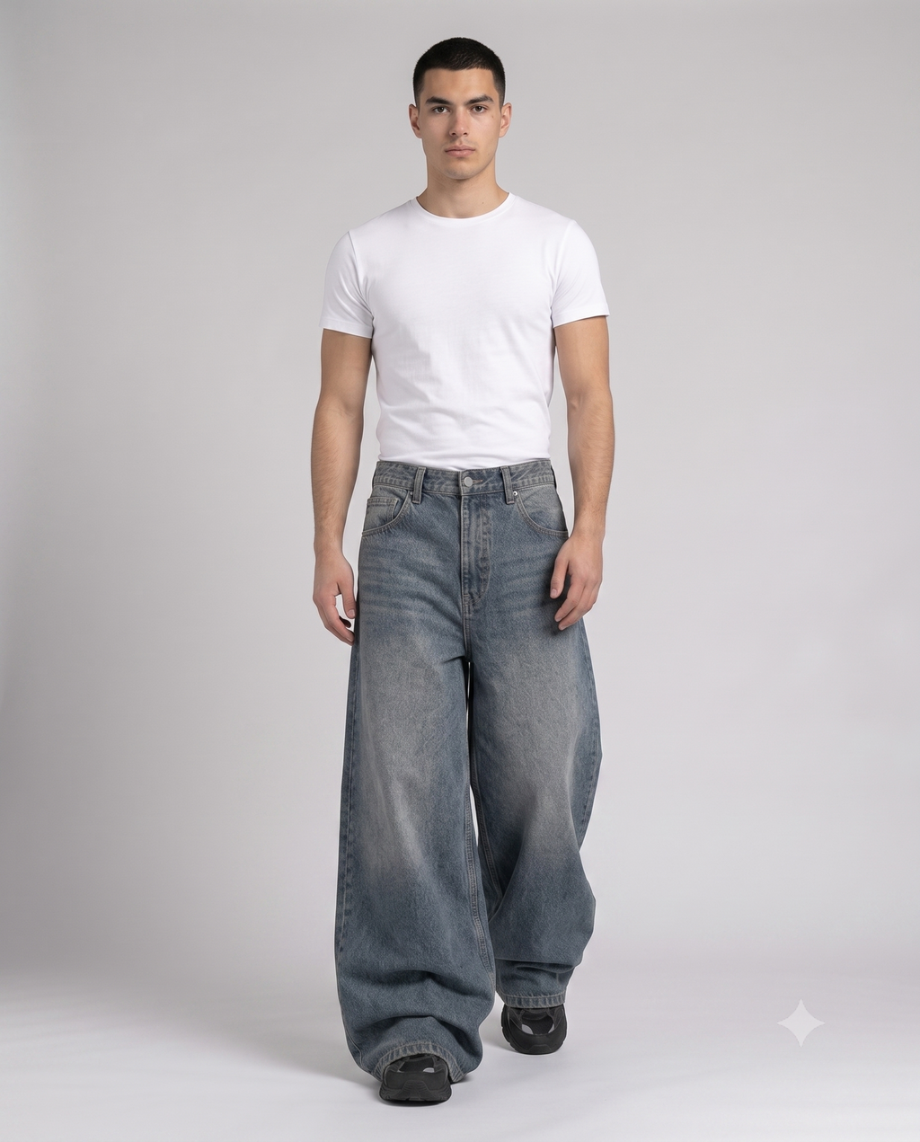 Big Easy Baggy Jeans — Faded Indigo on model — walking, fabric in motion
