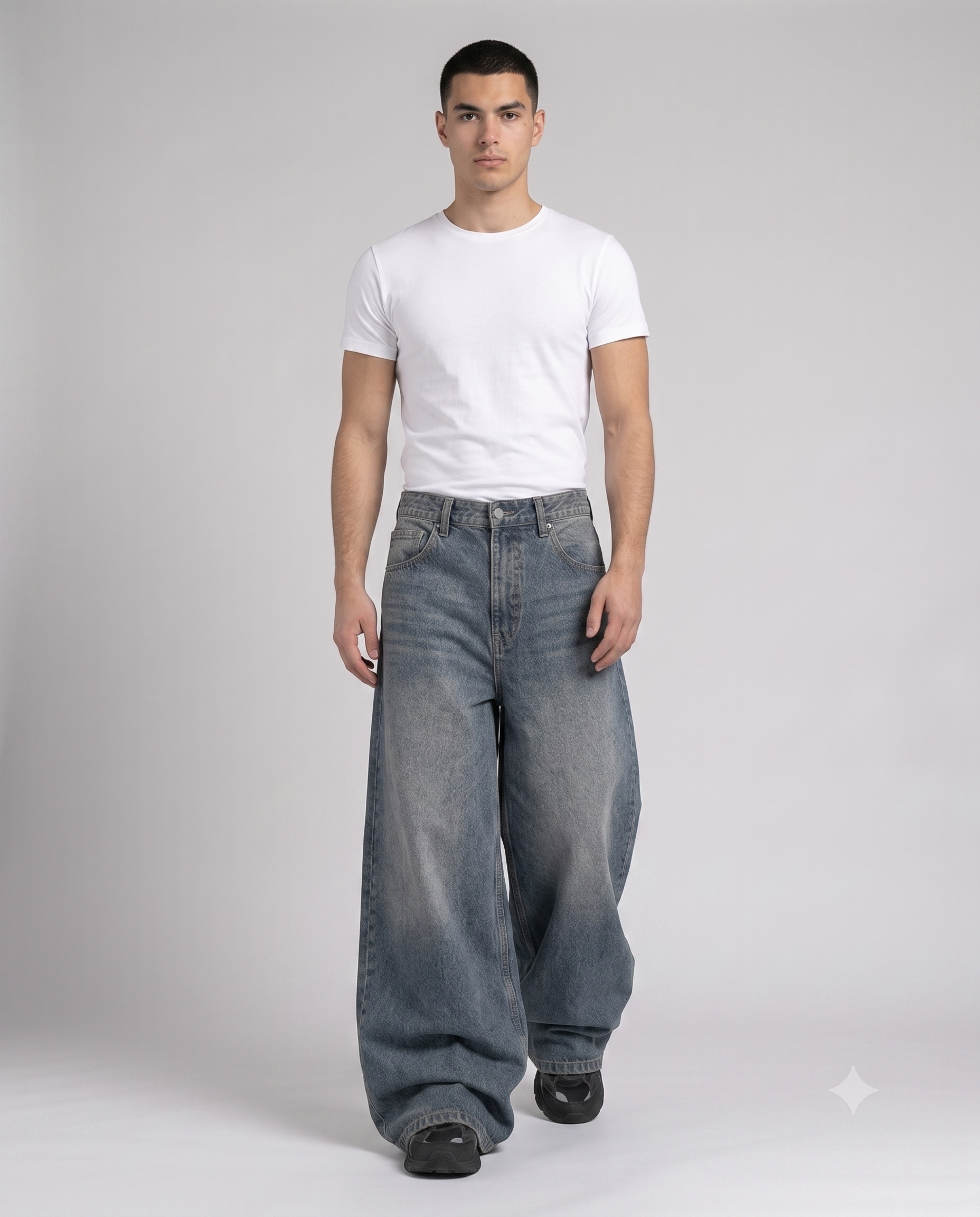 Big Easy Baggy Jeans — Faded Indigo on model — walking, fabric in motion