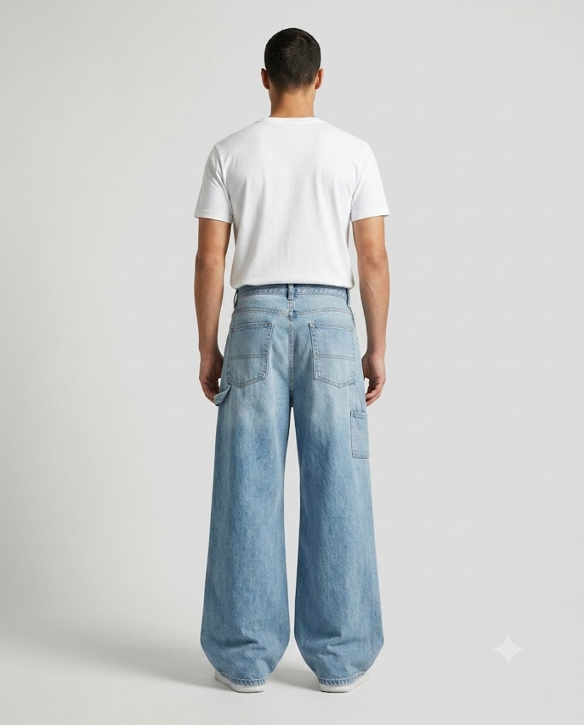Foreman Carpenter Jeans — Retro Wash on model — back view