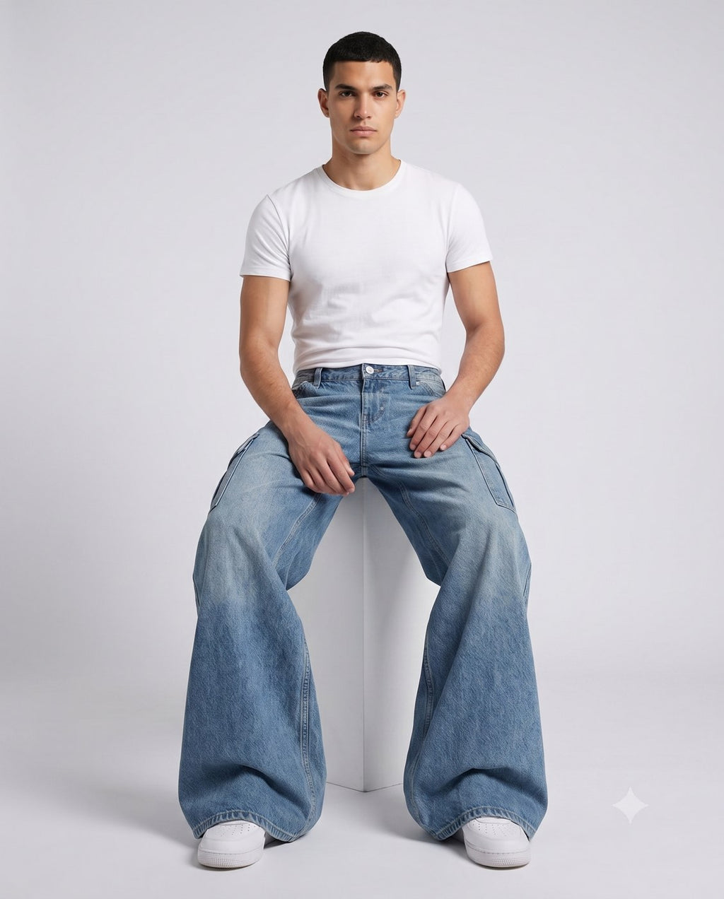 Foreman Carpenter Jeans — Retro Wash on model — seated fit view