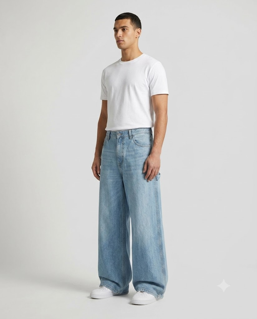 Foreman Carpenter Jeans — Retro Wash on model — three-quarter view
