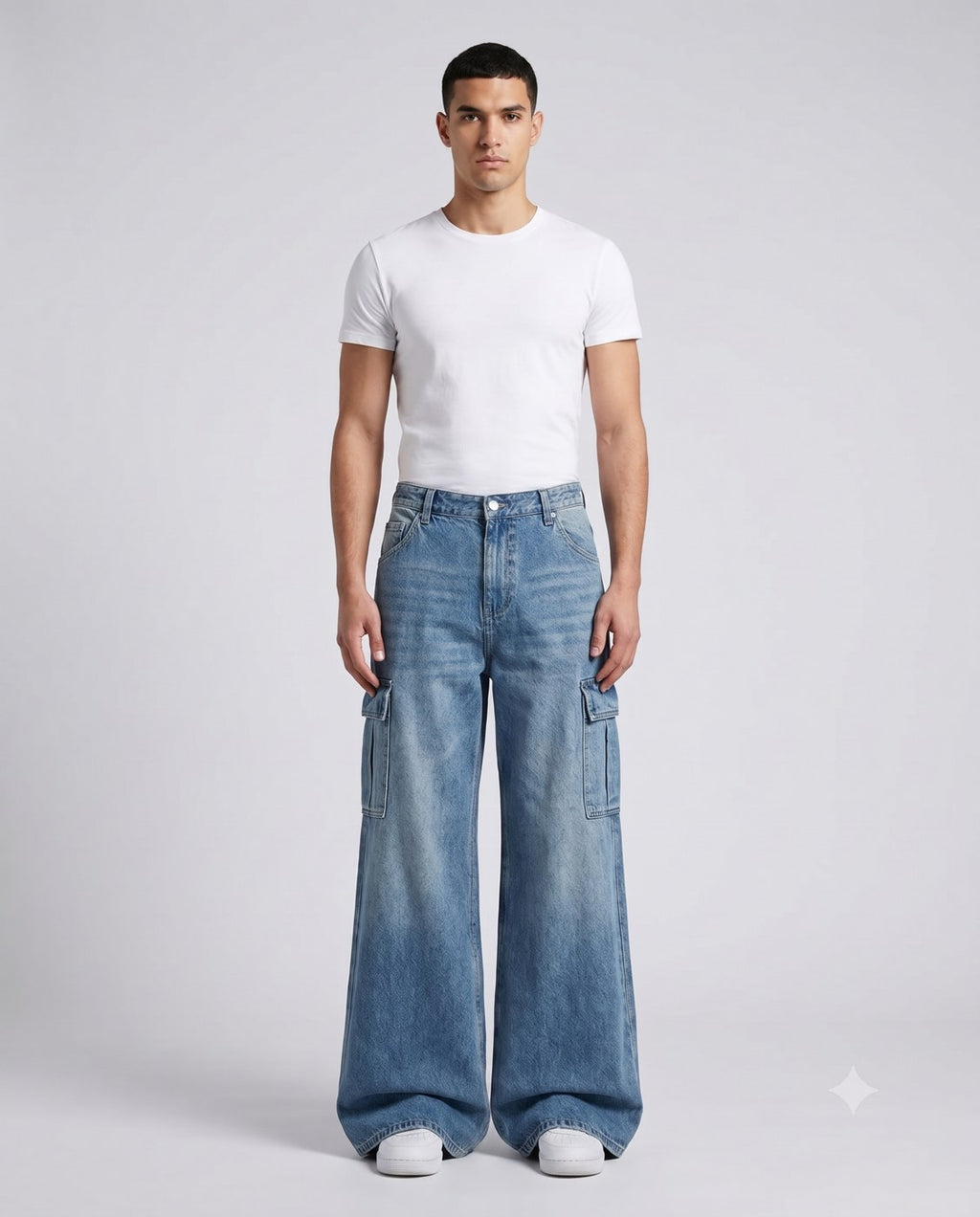 Foreman Carpenter Jeans — Retro Wash on model — walking, fabric in motion