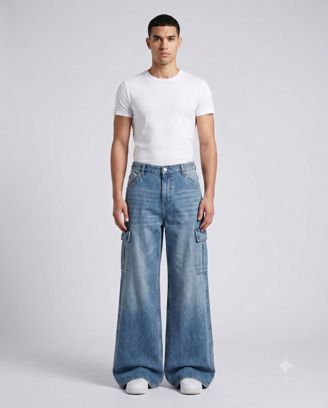 Foreman Carpenter Jeans — Retro Wash on model — walking, fabric in motion