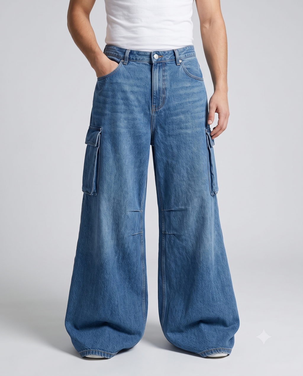 Big Easy Cargo Jeans — Workshop Blue on model — seated fit view