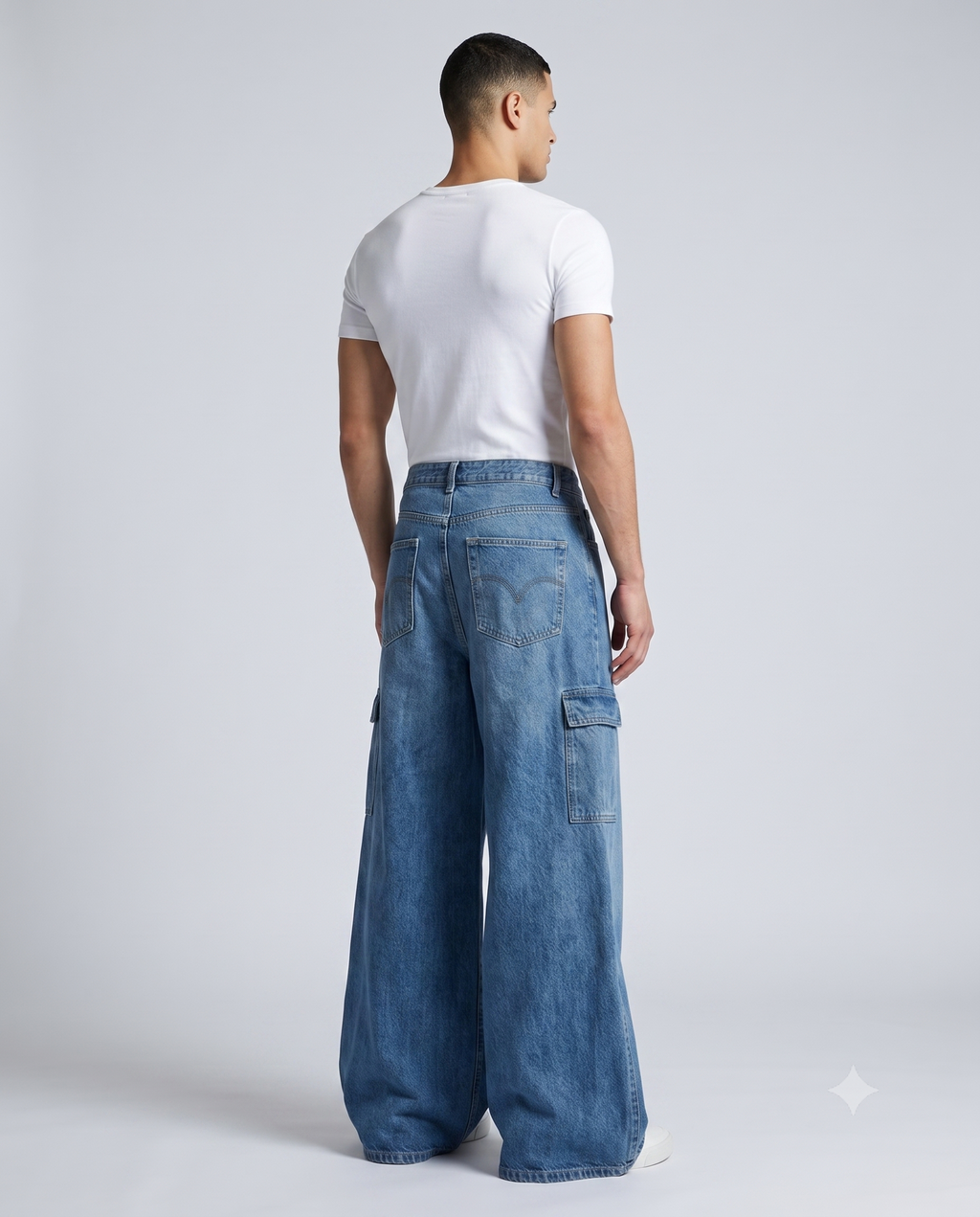 Big Easy Cargo Jeans — Workshop Blue on model — three-quarter view