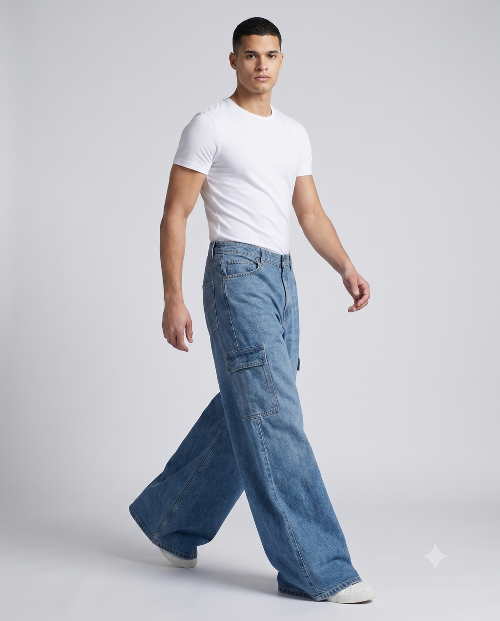 Big Easy Cargo Jeans — Workshop Blue on model — walking, fabric in motion