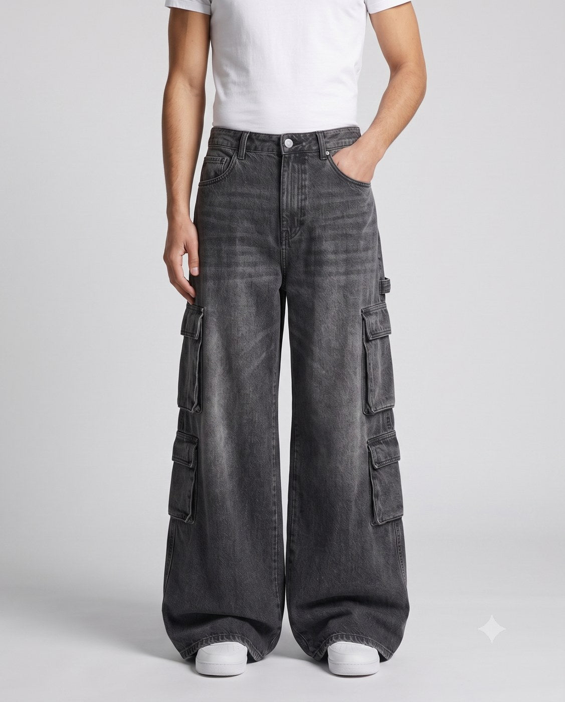 Foreman Carpenter Jeans — Street Wash on model — waist and pocket detail