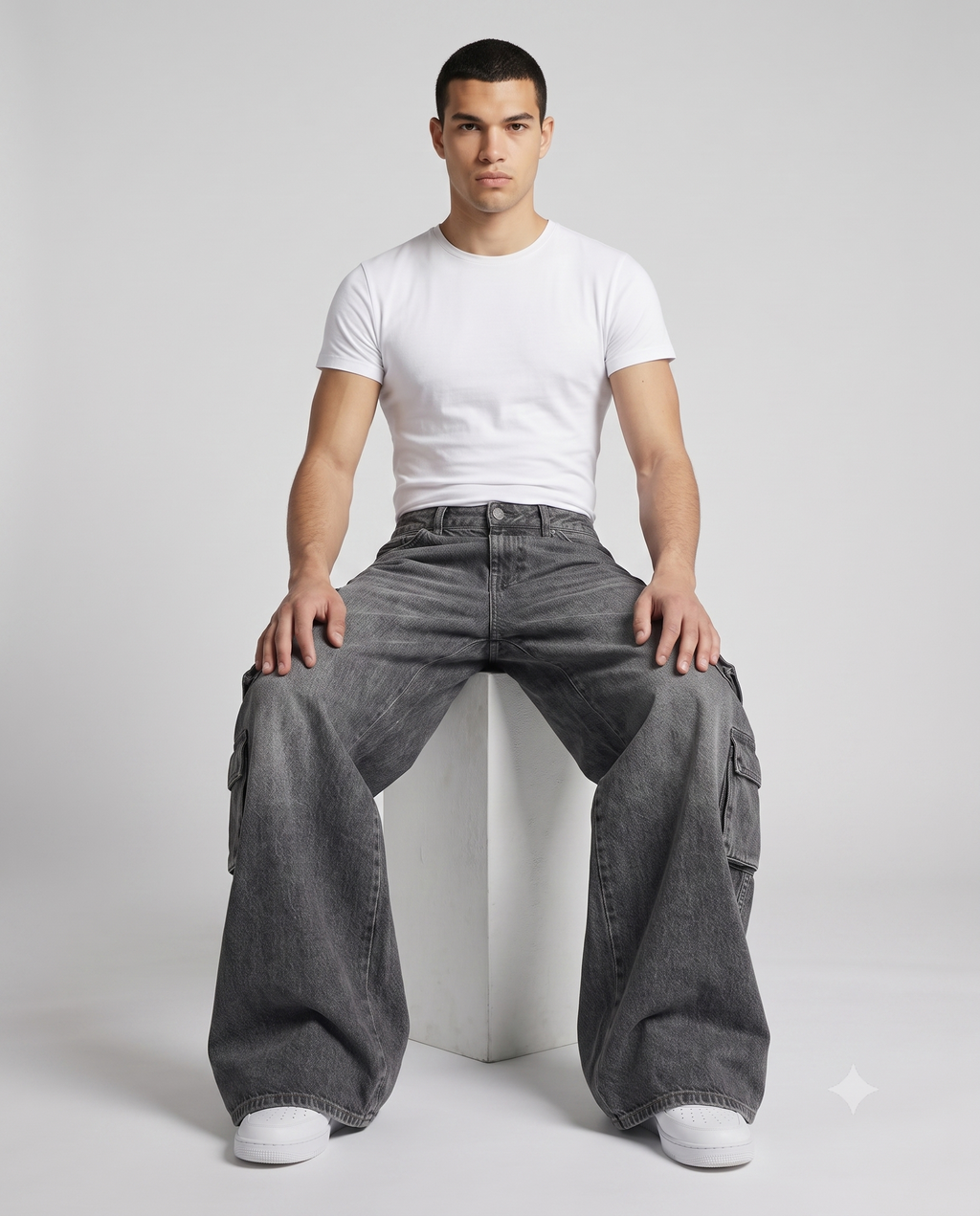 Foreman Carpenter Jeans — Street Wash on model — seated fit view