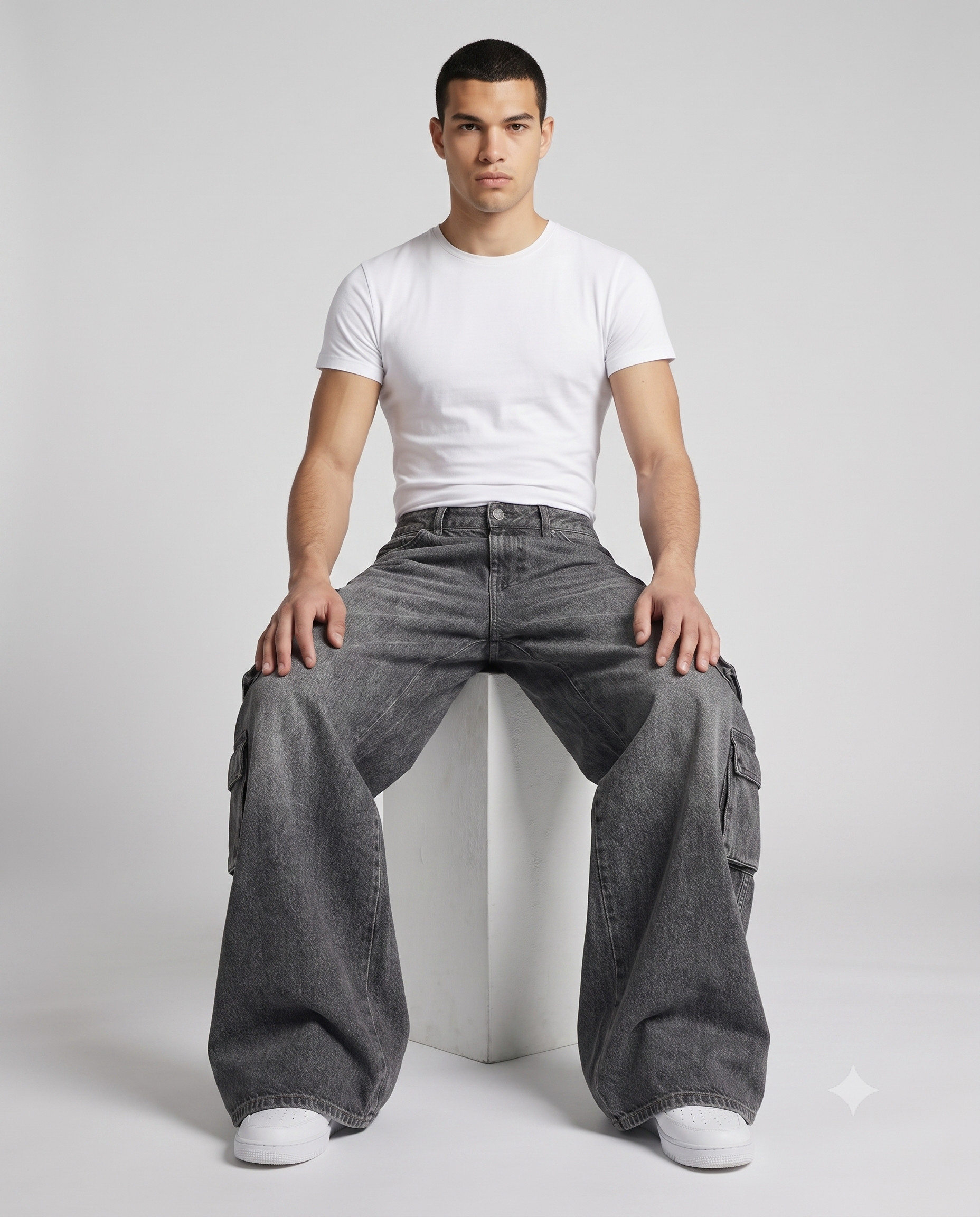 Foreman Carpenter Jeans — Street Wash on model — seated fit view