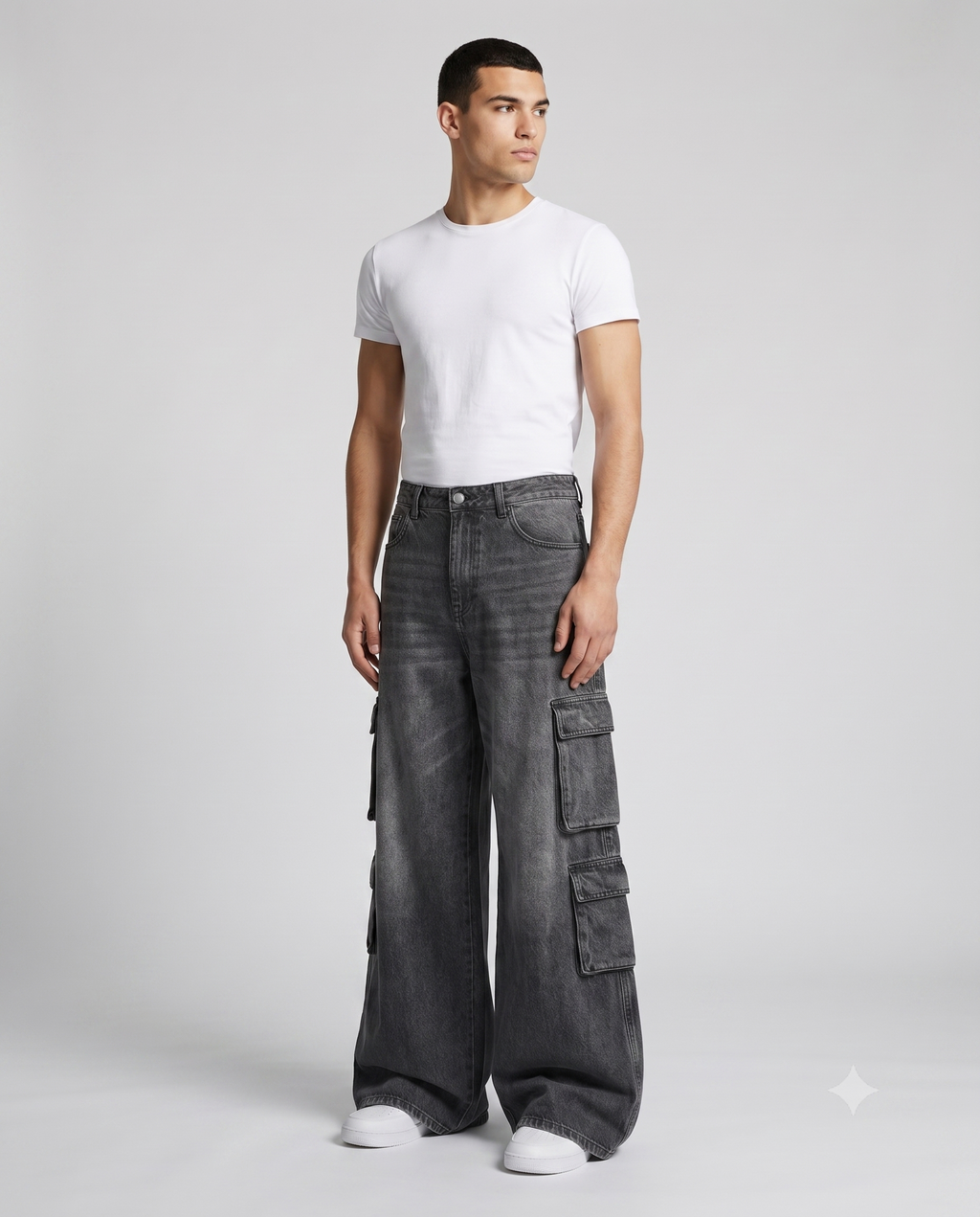 Foreman Carpenter Jeans — Street Wash on model — three-quarter view