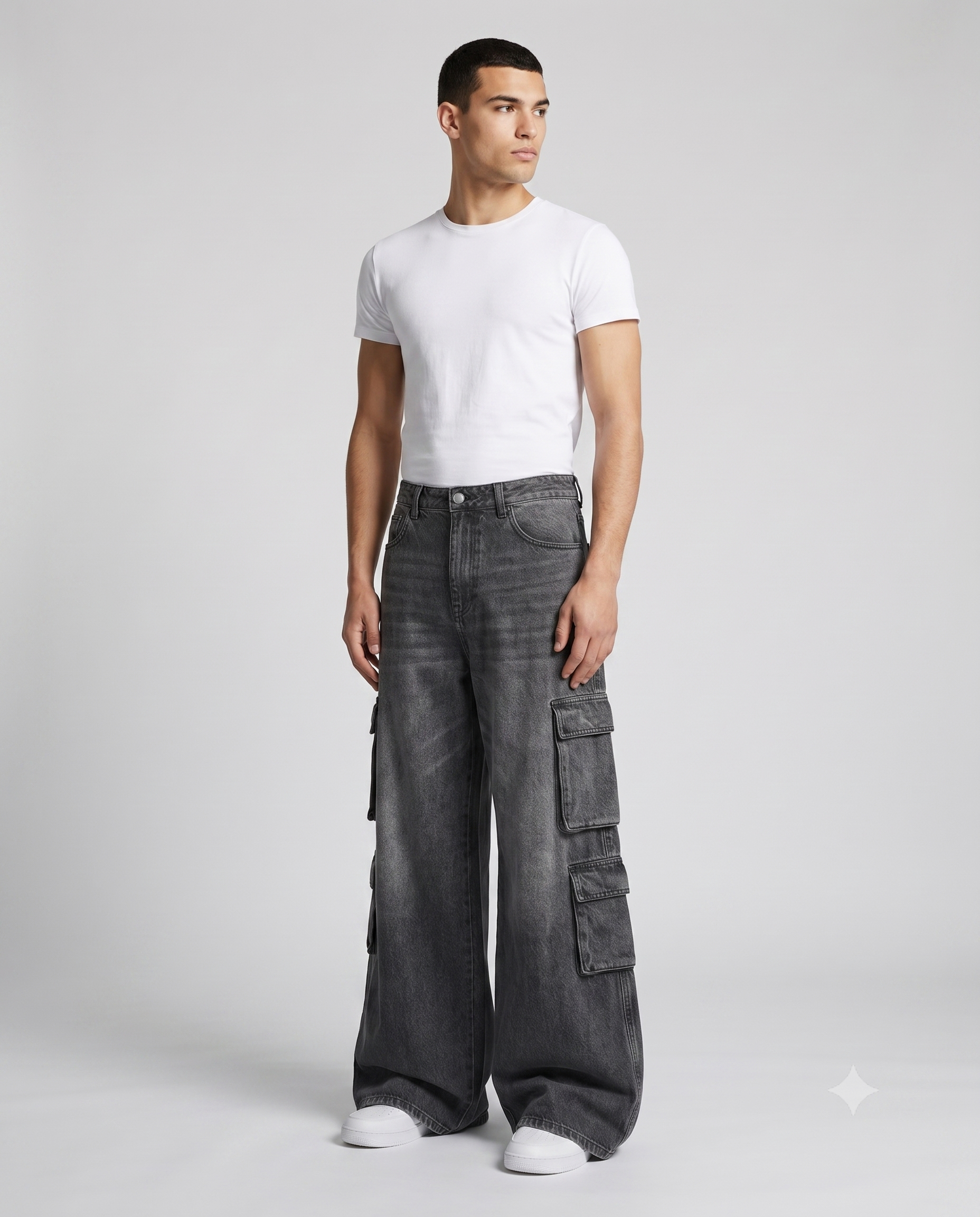 Foreman Carpenter Jeans — Street Wash on model — three-quarter view