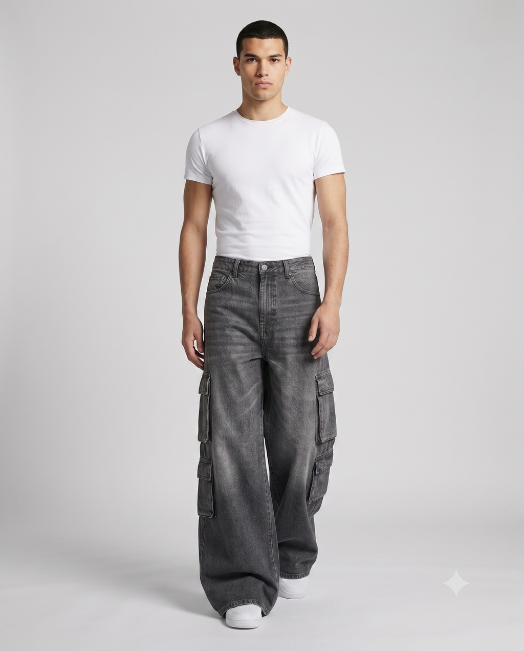 Foreman Carpenter Jeans — Street Wash on model — walking, fabric in motion