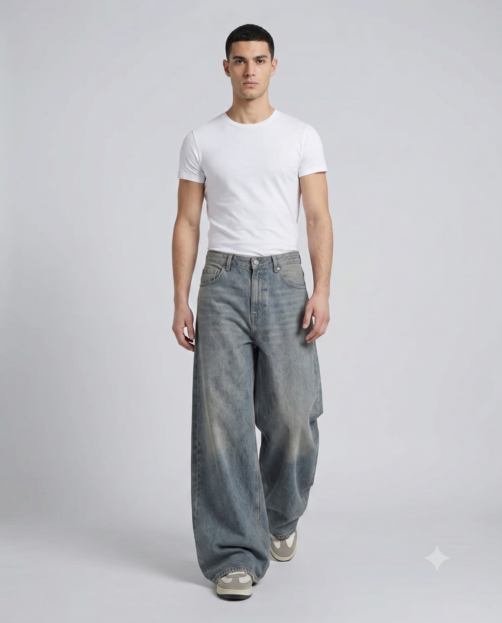 Big Easy Baggy Jeans — Flex Indigo on model — walking, fabric in motion
