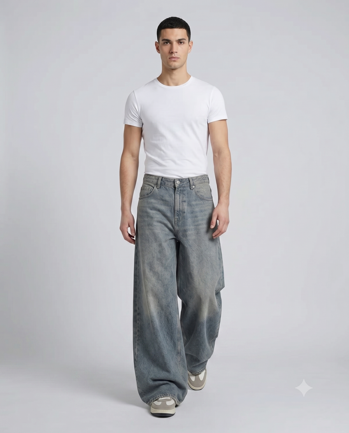 Big Easy Baggy Jeans — Flex Indigo on model — walking, fabric in motion