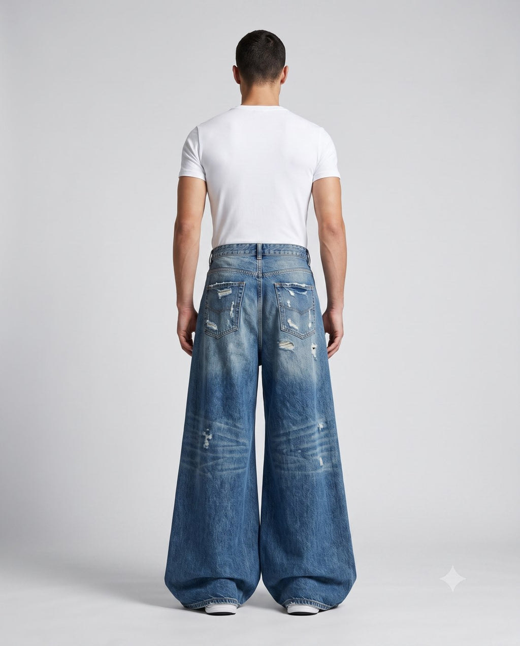 Slack Loose Fit Jeans — Distressed Blue on model — back view