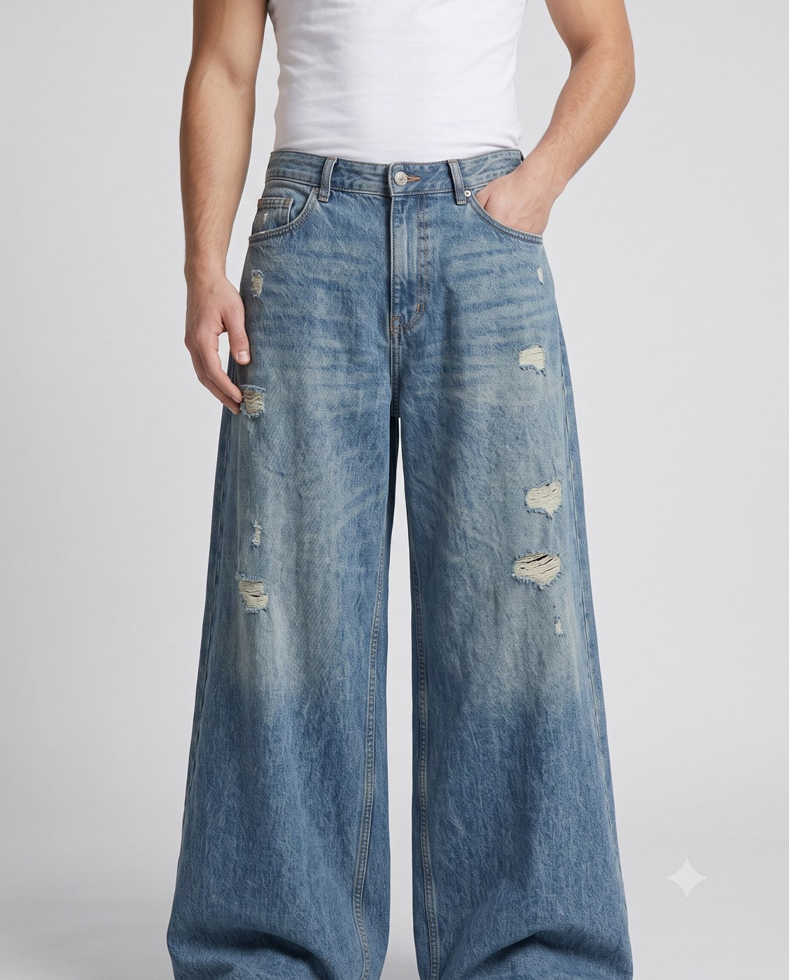 Slack Loose Fit Jeans — Distressed Blue on model — waist and pocket detail