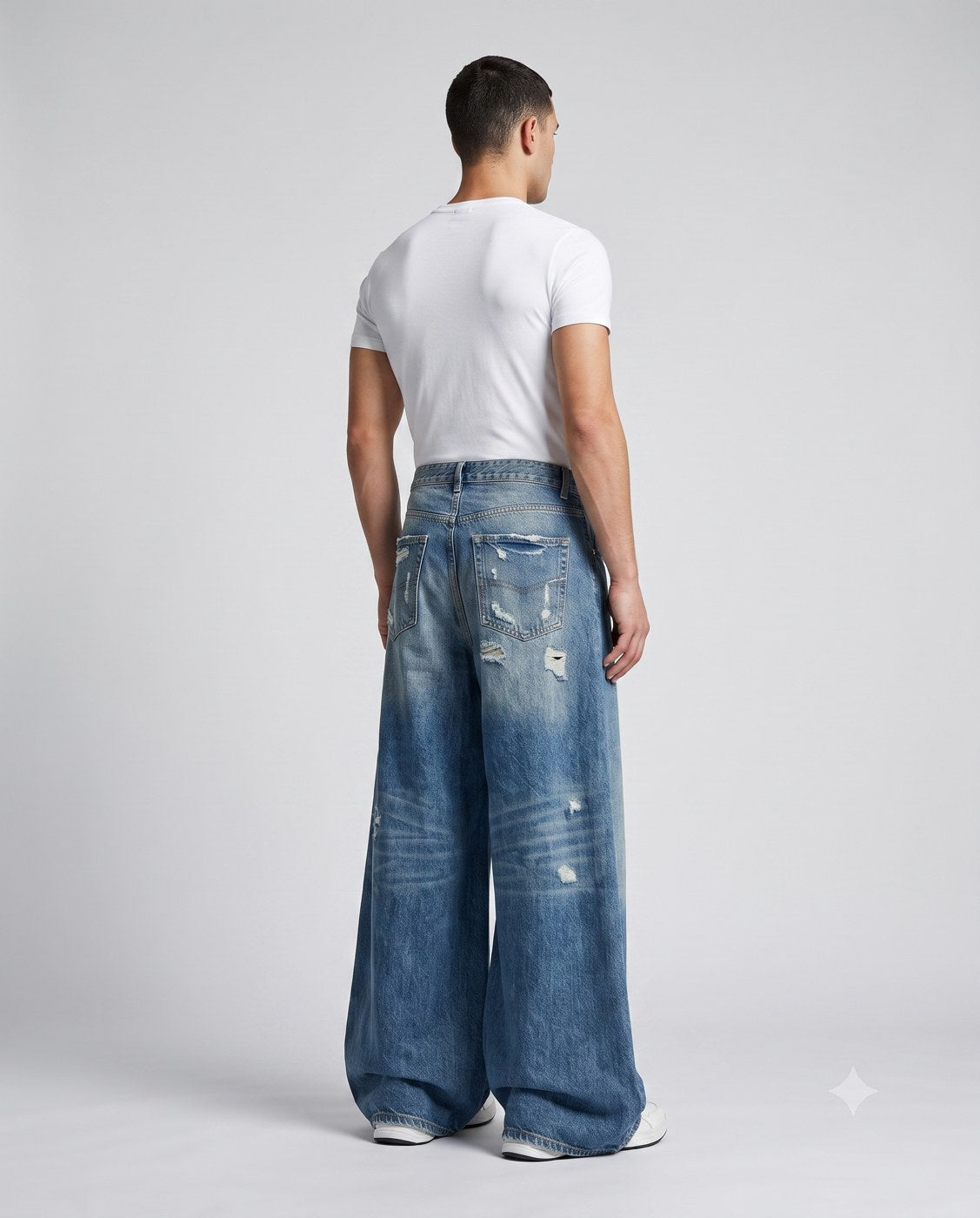 Slack Loose Fit Jeans — Distressed Blue on model — three-quarter view