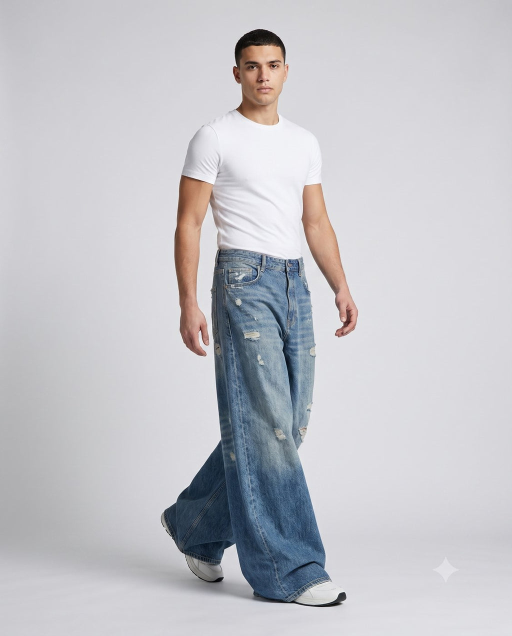 Slack Loose Fit Jeans — Distressed Blue on model — walking, fabric in motion