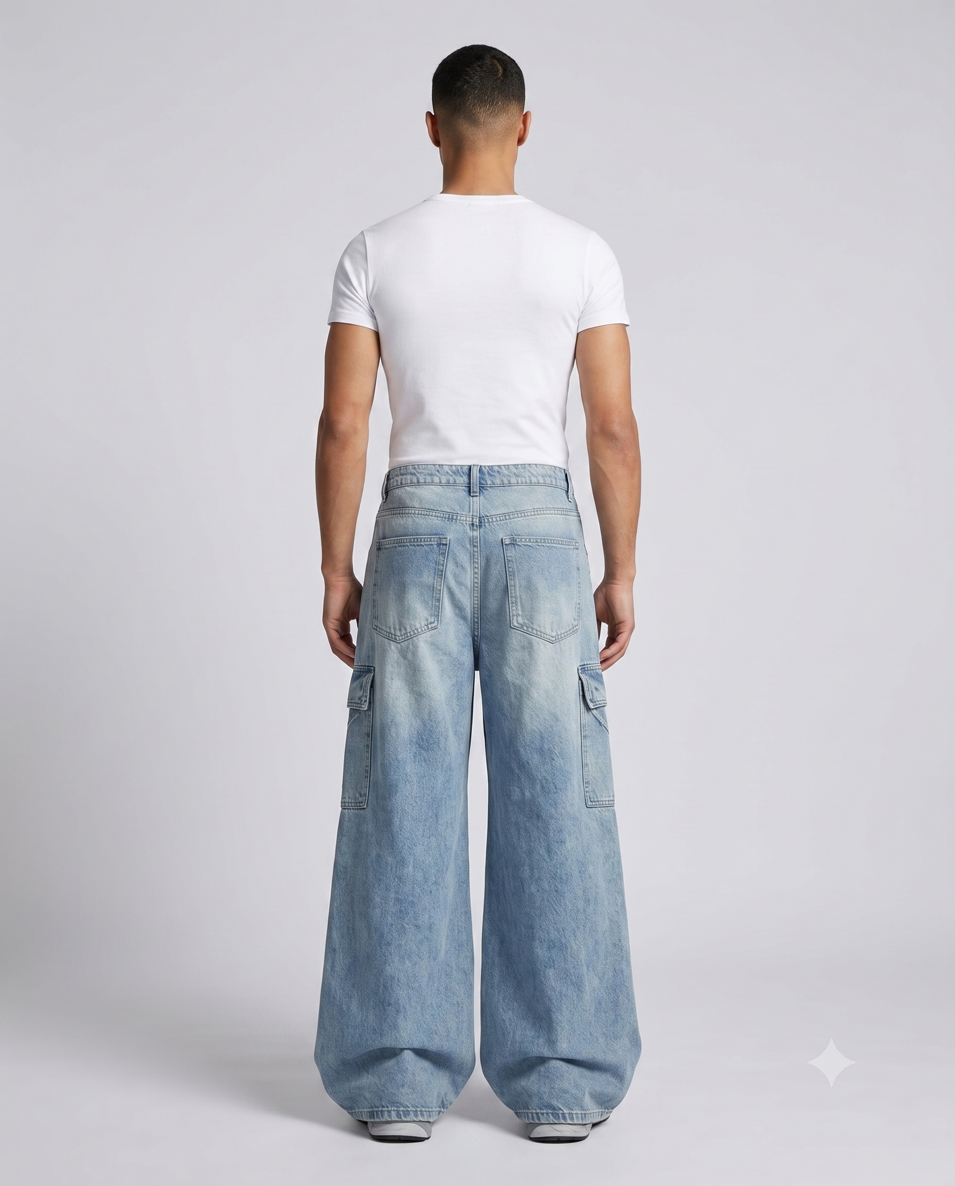 Slack Cargo Jeans — Pleated Patchwork on model — back view
