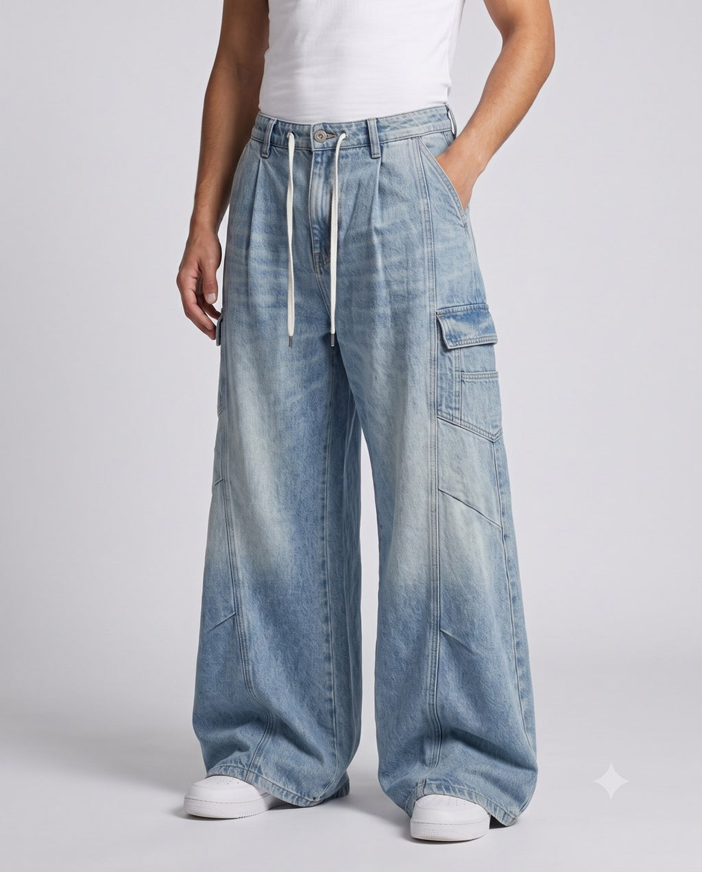 Slack Cargo Jeans — Pleated Patchwork on model — waist and pocket detail