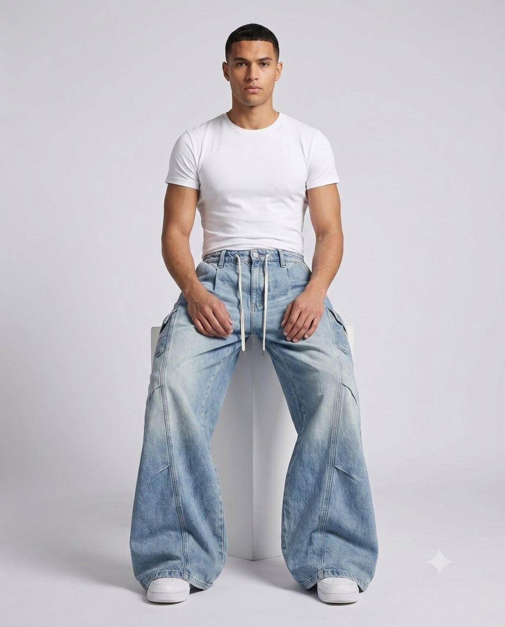 Slack Cargo Jeans — Pleated Patchwork on model — seated fit view