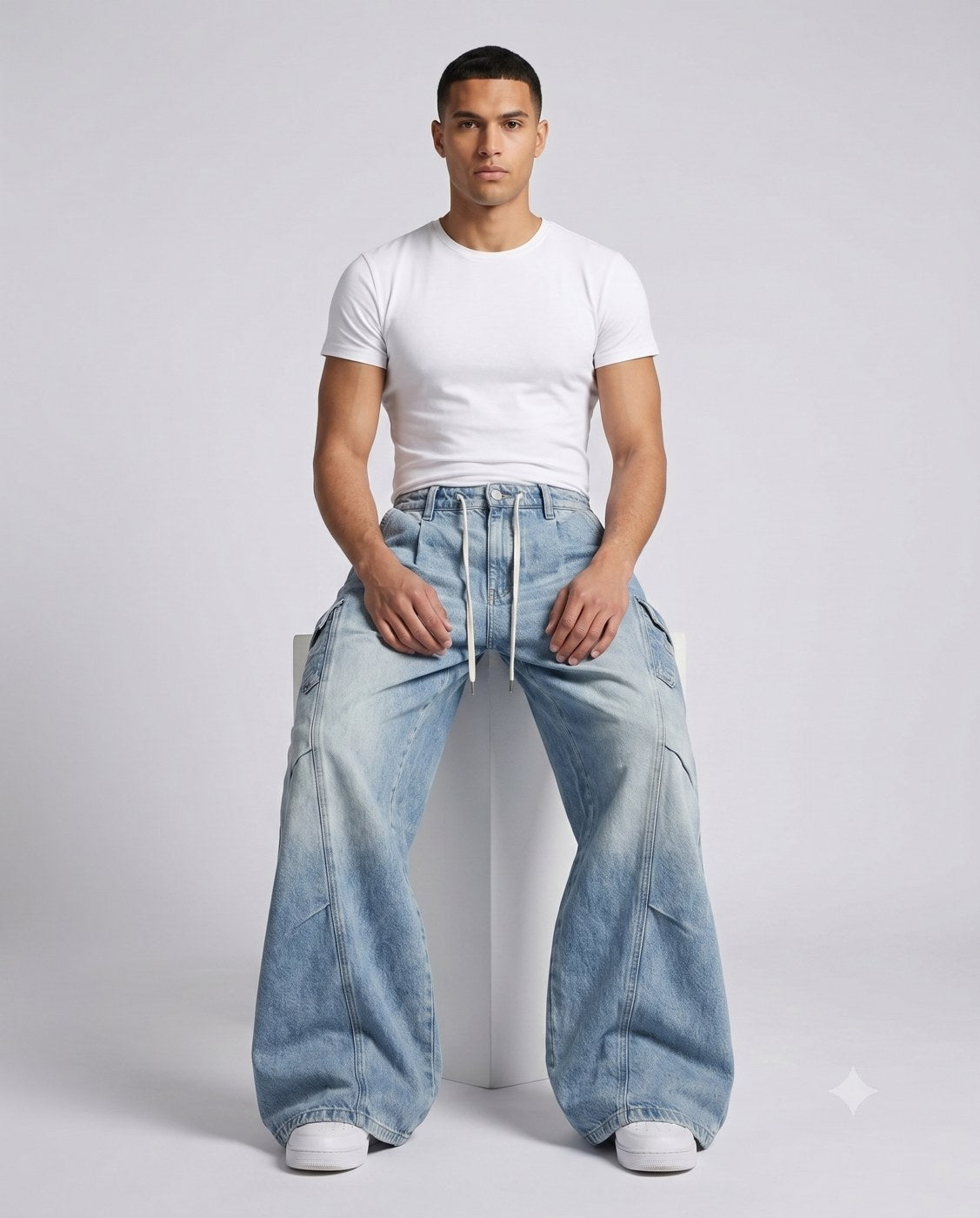 Slack Cargo Jeans — Pleated Patchwork on model — seated fit view